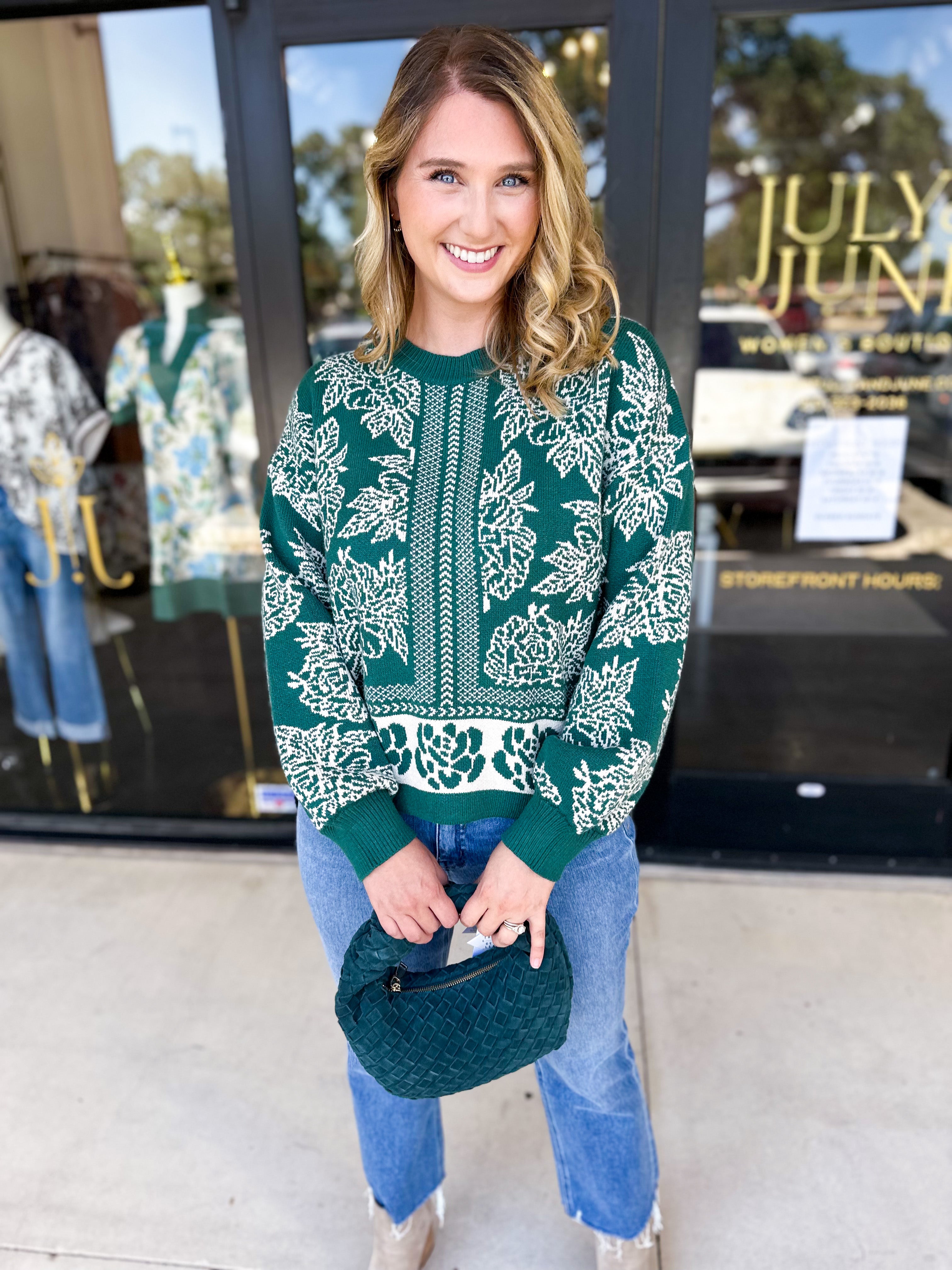 Pine Green Floral Sweater-230 Sweaters/Cardis-ENTRO-July & June Women's Fashion Boutique Located in San Antonio, Texas
