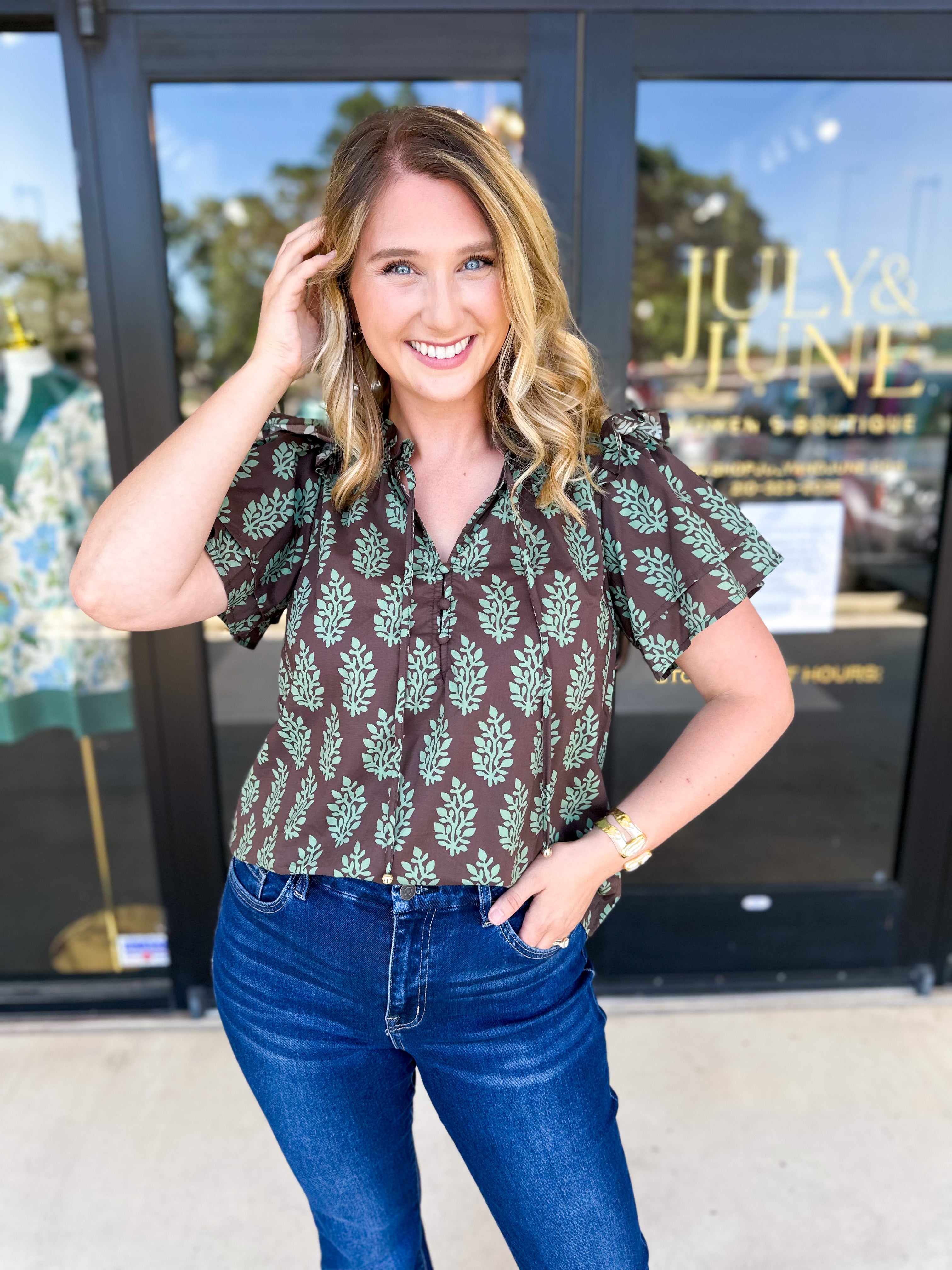Mint & Mocha Blouse-200 Fashion Blouses-ENTRO-July & June Women's Fashion Boutique Located in San Antonio, Texas
