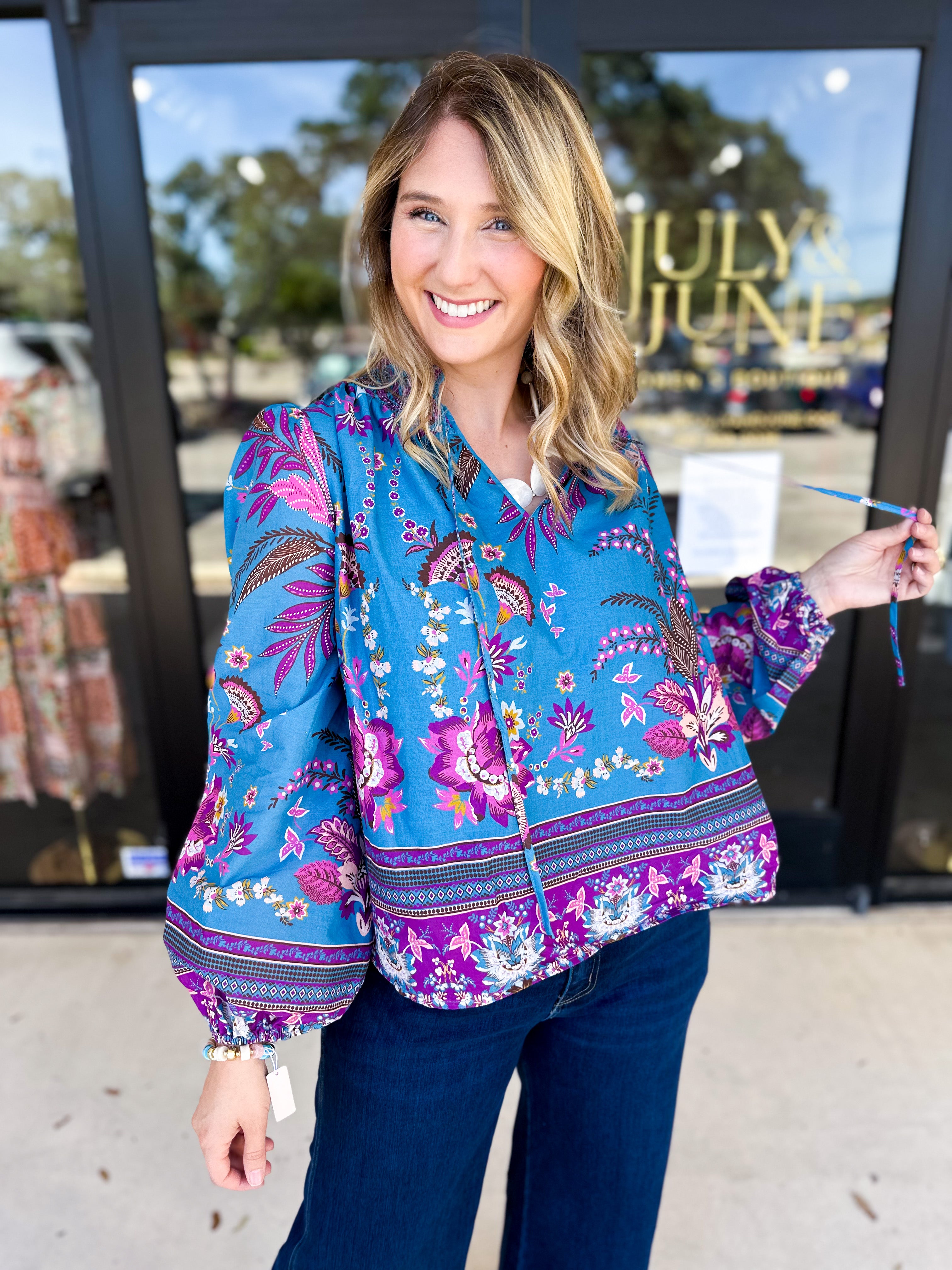 Teal & Lavender Blouse-200 Fashion Blouses-FATE-July & June Women's Fashion Boutique Located in San Antonio, Texas