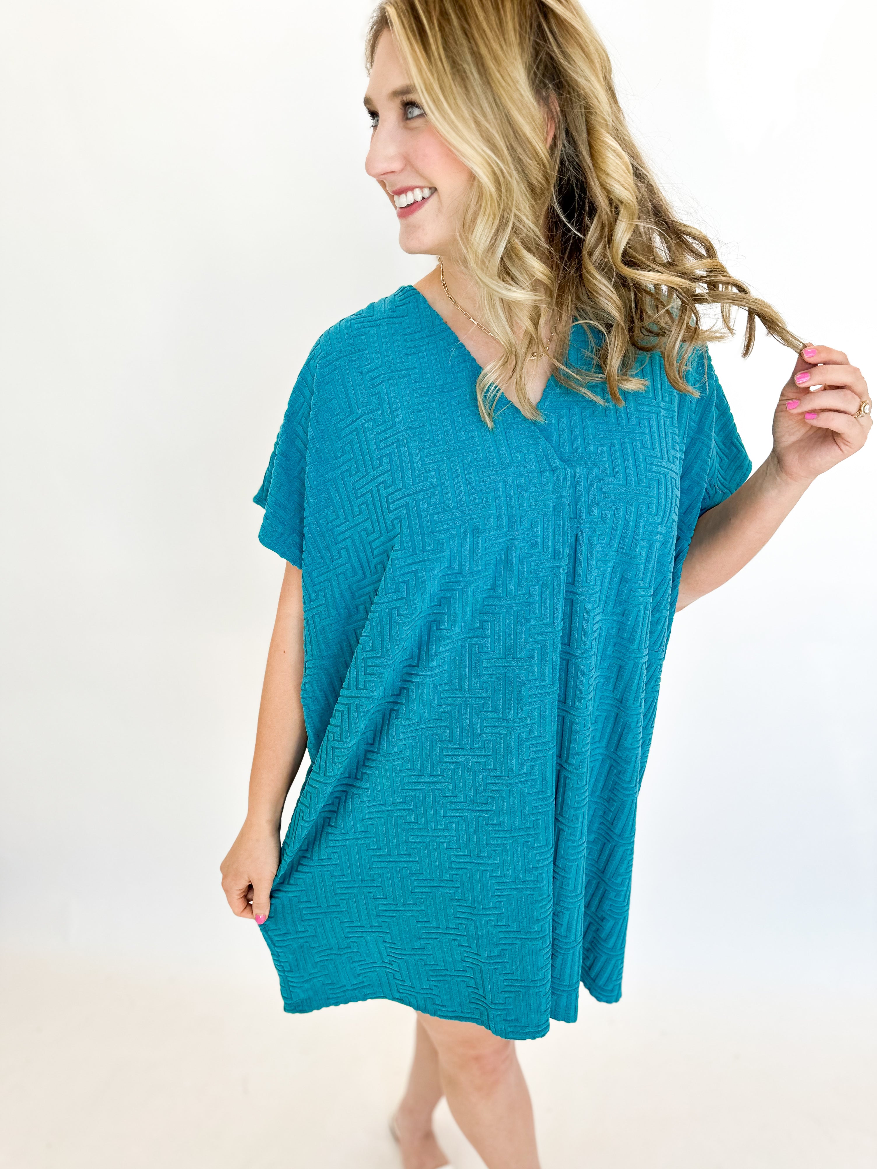 Terry Cloth Cover Up - Teal-210 Casual Blouses-ENTRO-July & June Women's Fashion Boutique Located in San Antonio, Texas