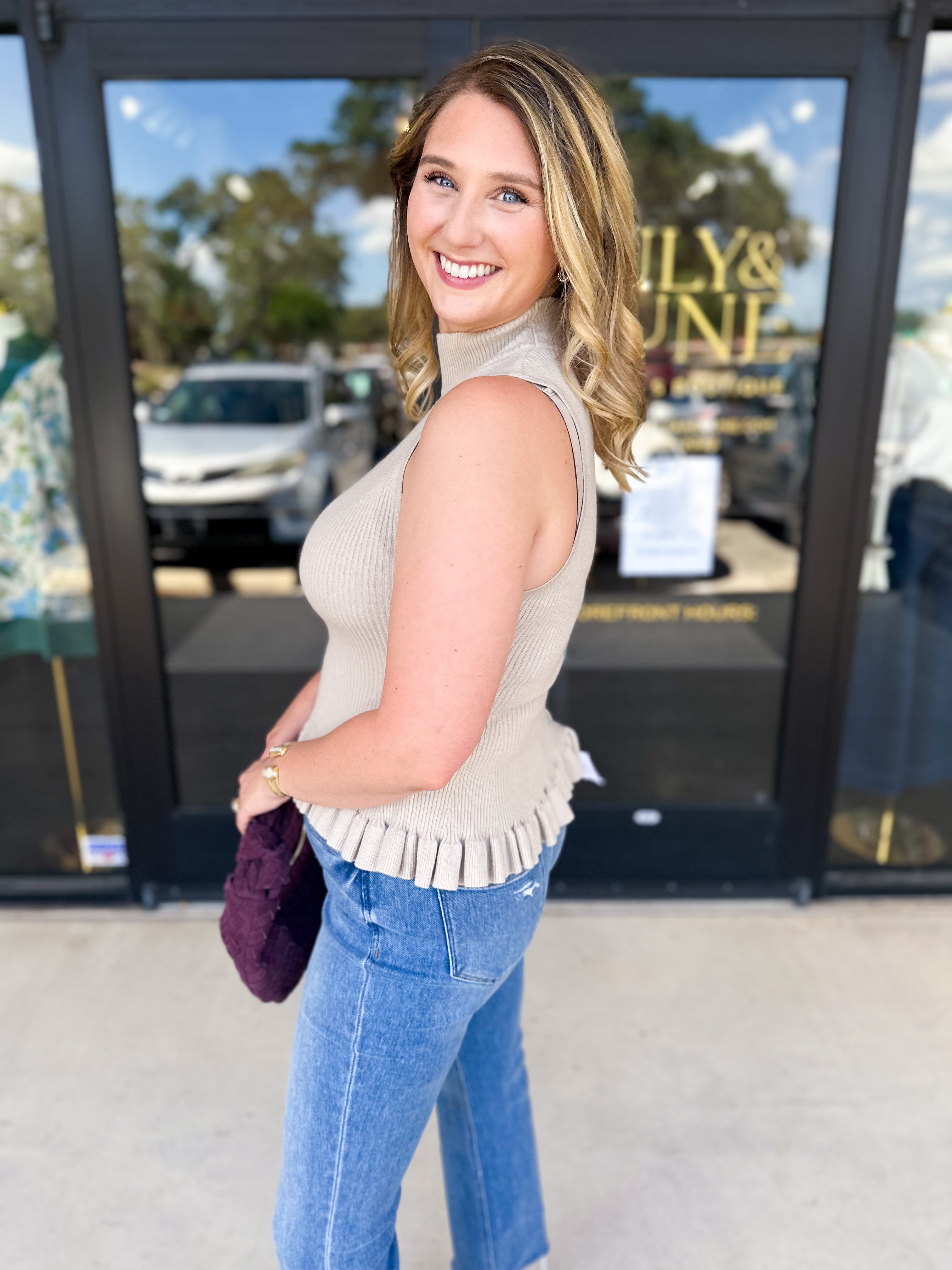 Ruffle Knit Tank Top - Taupe-230 Sweaters/Cardis-FATE-July & June Women's Fashion Boutique Located in San Antonio, Texas