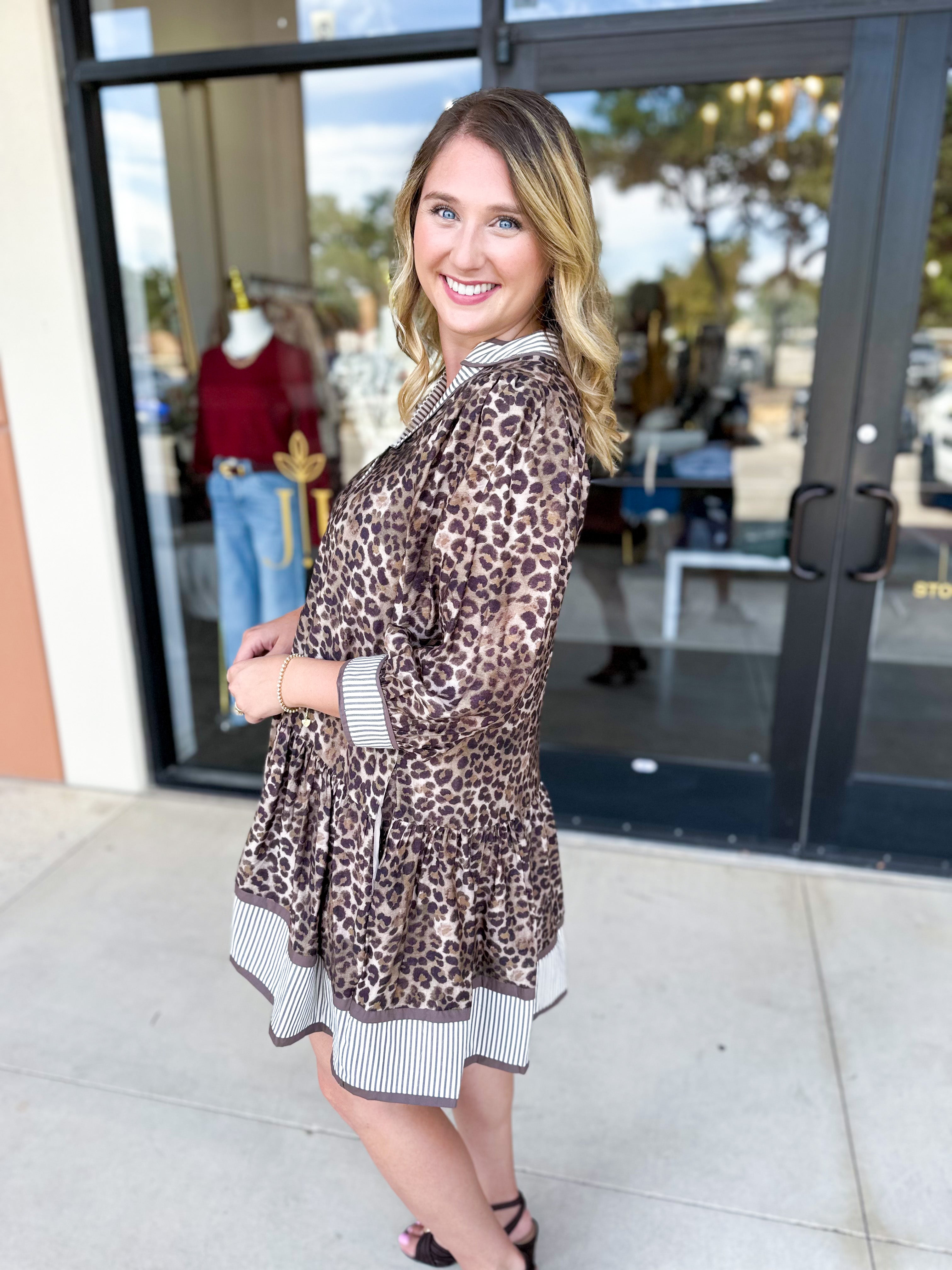 Leopard Button Down Mini Dress-510 Mini-ENTRO-July & June Women's Fashion Boutique Located in San Antonio, Texas