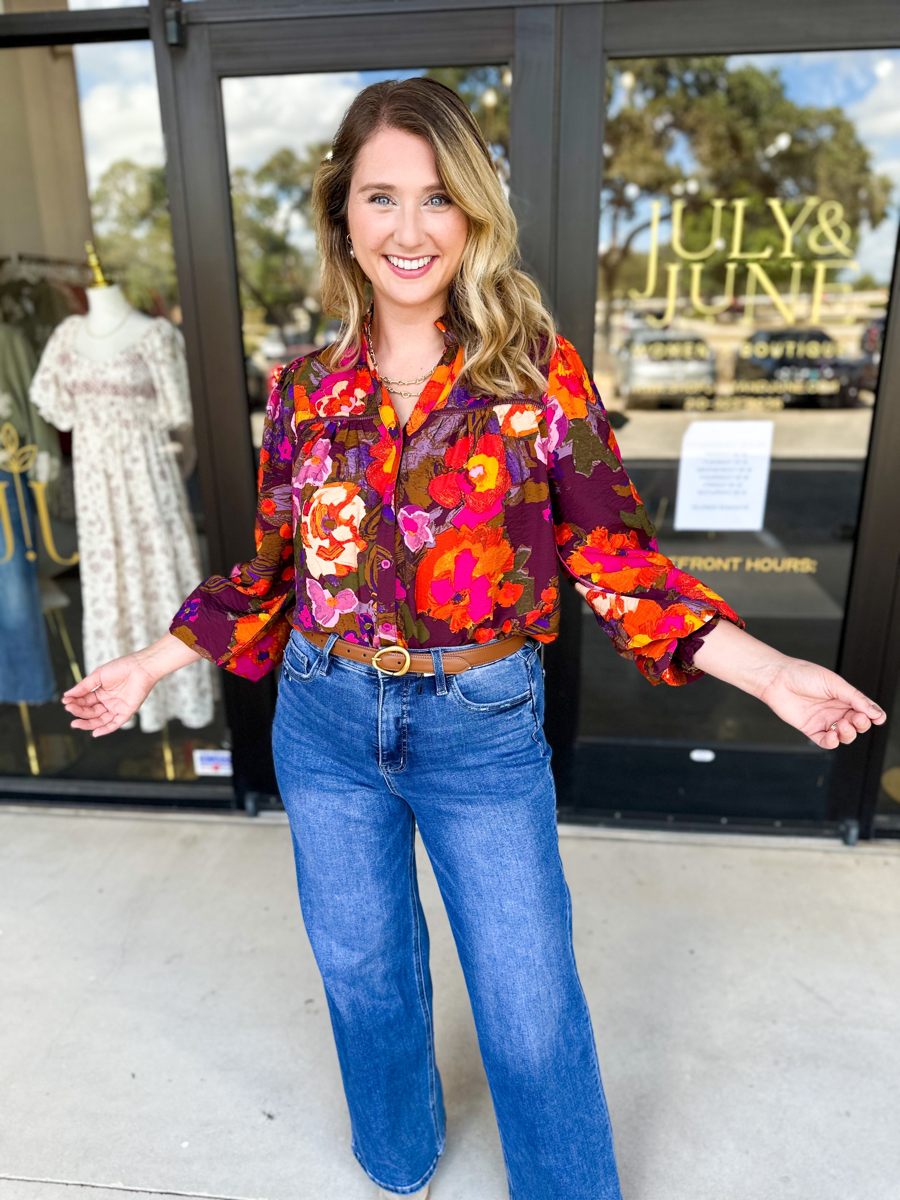 Vibrant Fall Florals Blouse-200 Fashion Blouses-FATE-July & June Women's Fashion Boutique Located in San Antonio, Texas
