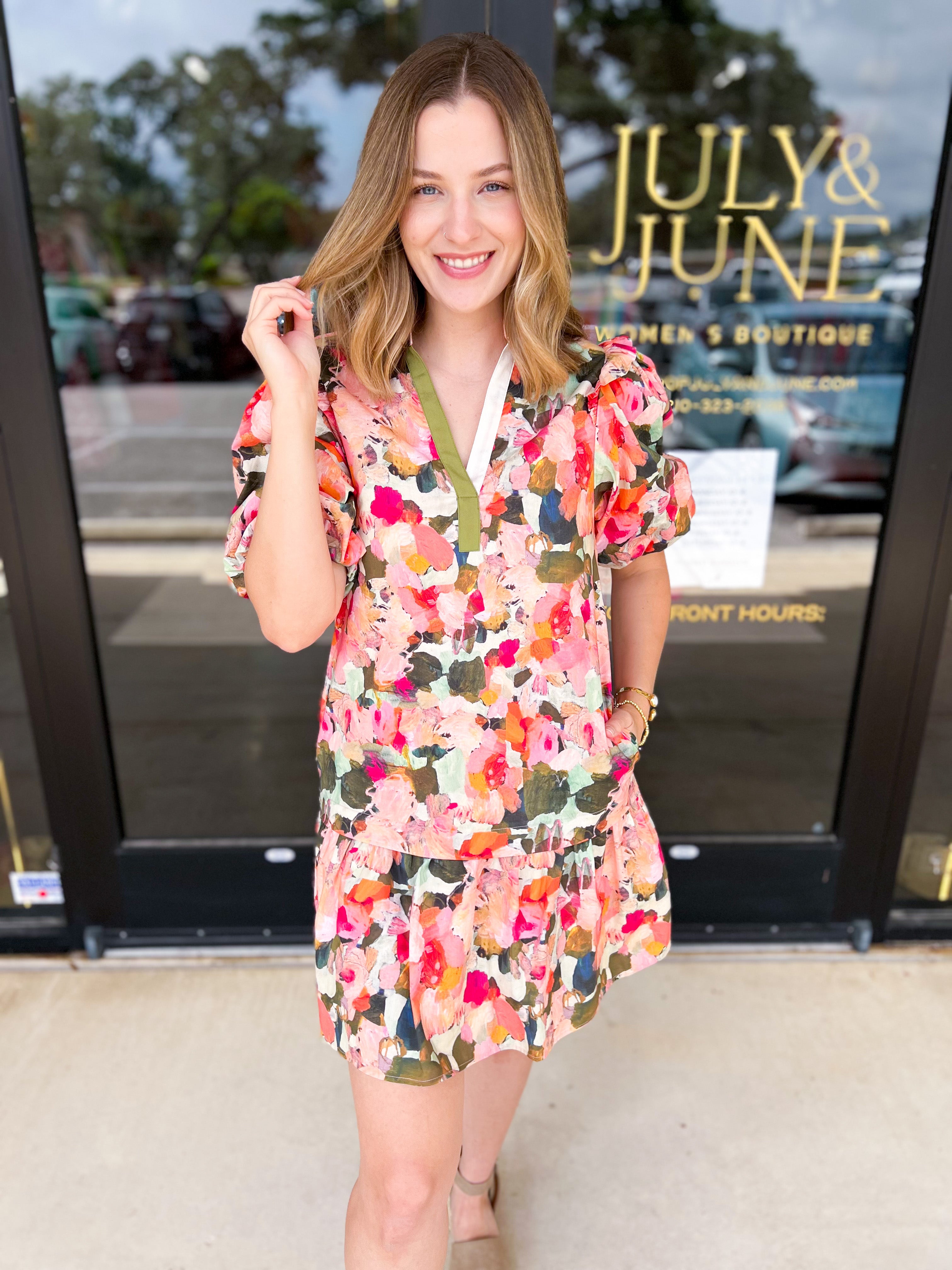 THML - Pink & Olive Abstract Mini Dress-510 Mini-THML-July & June Women's Fashion Boutique Located in San Antonio, Texas