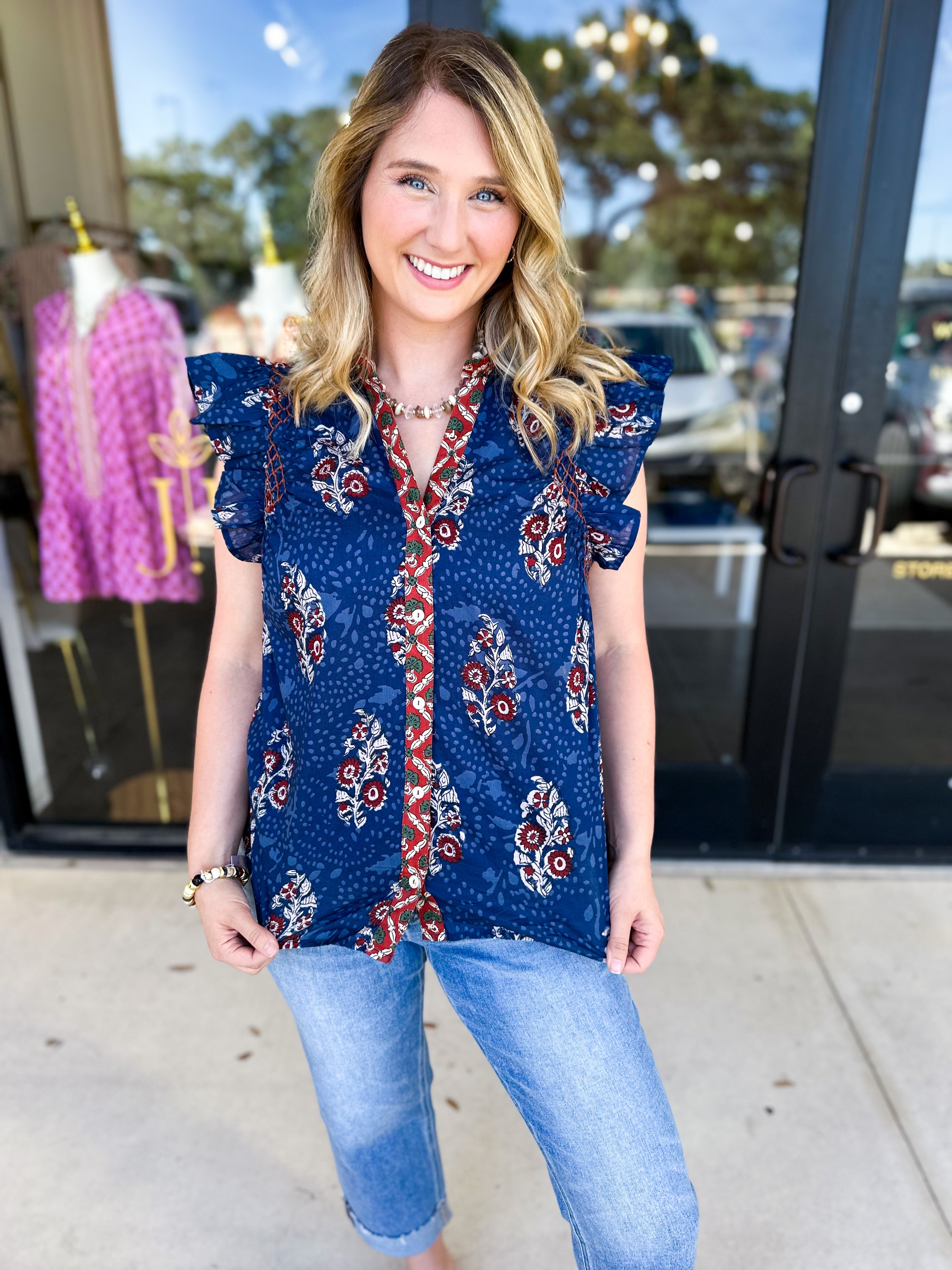 THML - Navy & Rust Blouse-200 Fashion Blouses-THML-July & June Women's Fashion Boutique Located in San Antonio, Texas