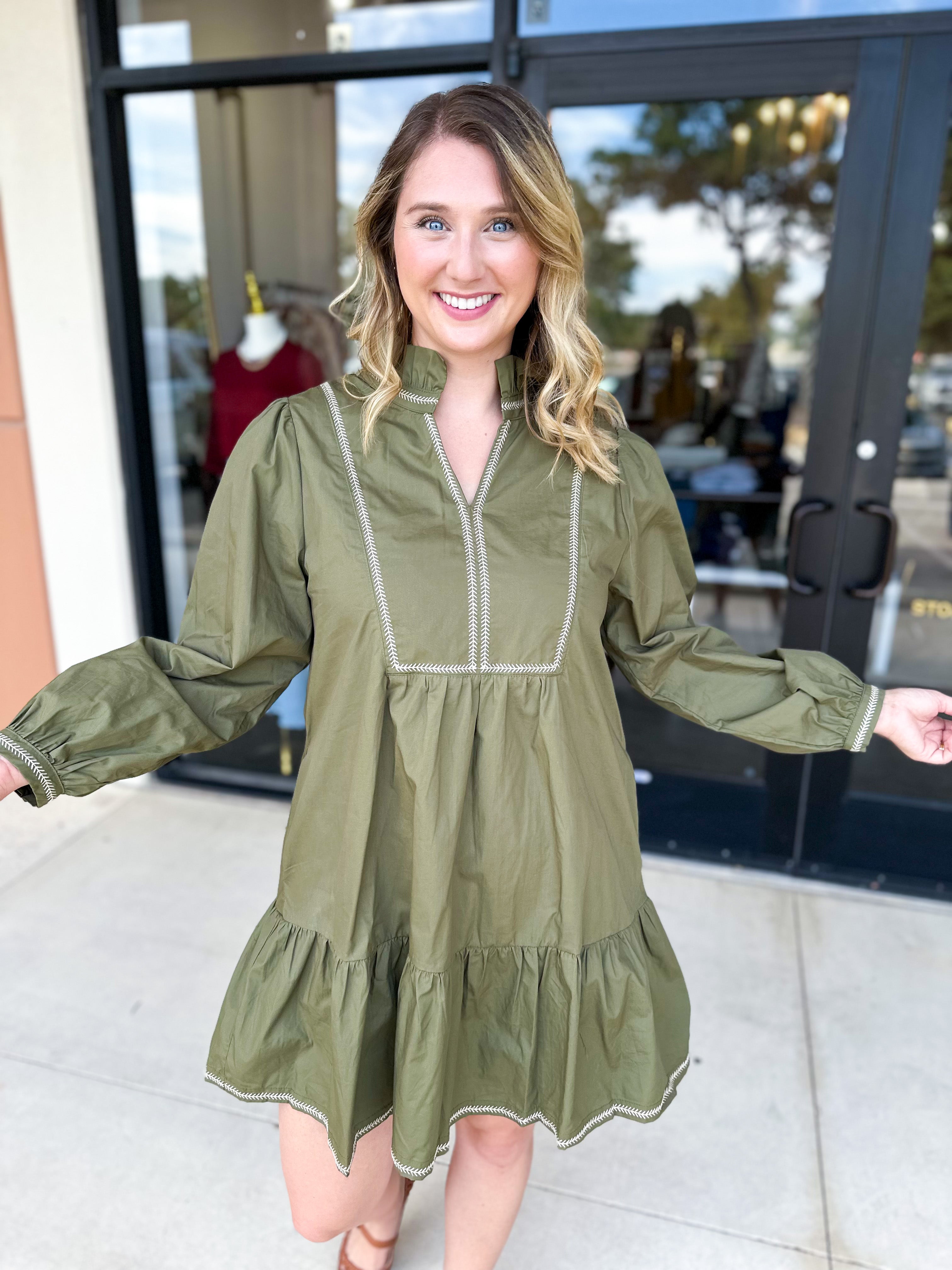 Olive Stitch Mini Dress-510 Mini-JODIFL-July & June Women's Fashion Boutique Located in San Antonio, Texas