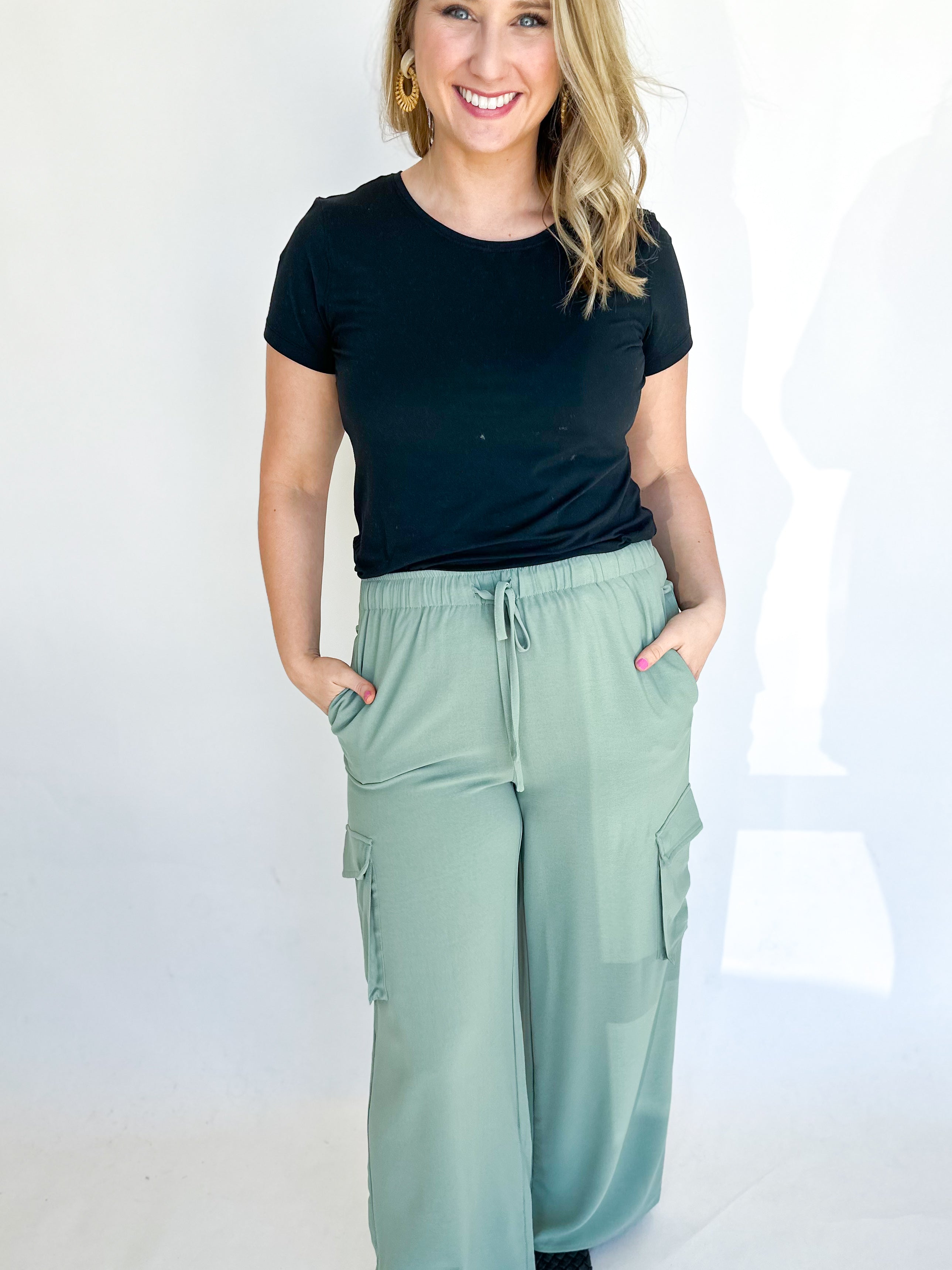 Chic & Flowy Cargo Pants - Sage-400 Pants-ENTRO-July & June Women's Fashion Boutique Located in San Antonio, Texas