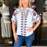 THML - Baby Blues Embroidered Blouse-200 Fashion Blouses-THML-July & June Women's Fashion Boutique Located in San Antonio, Texas