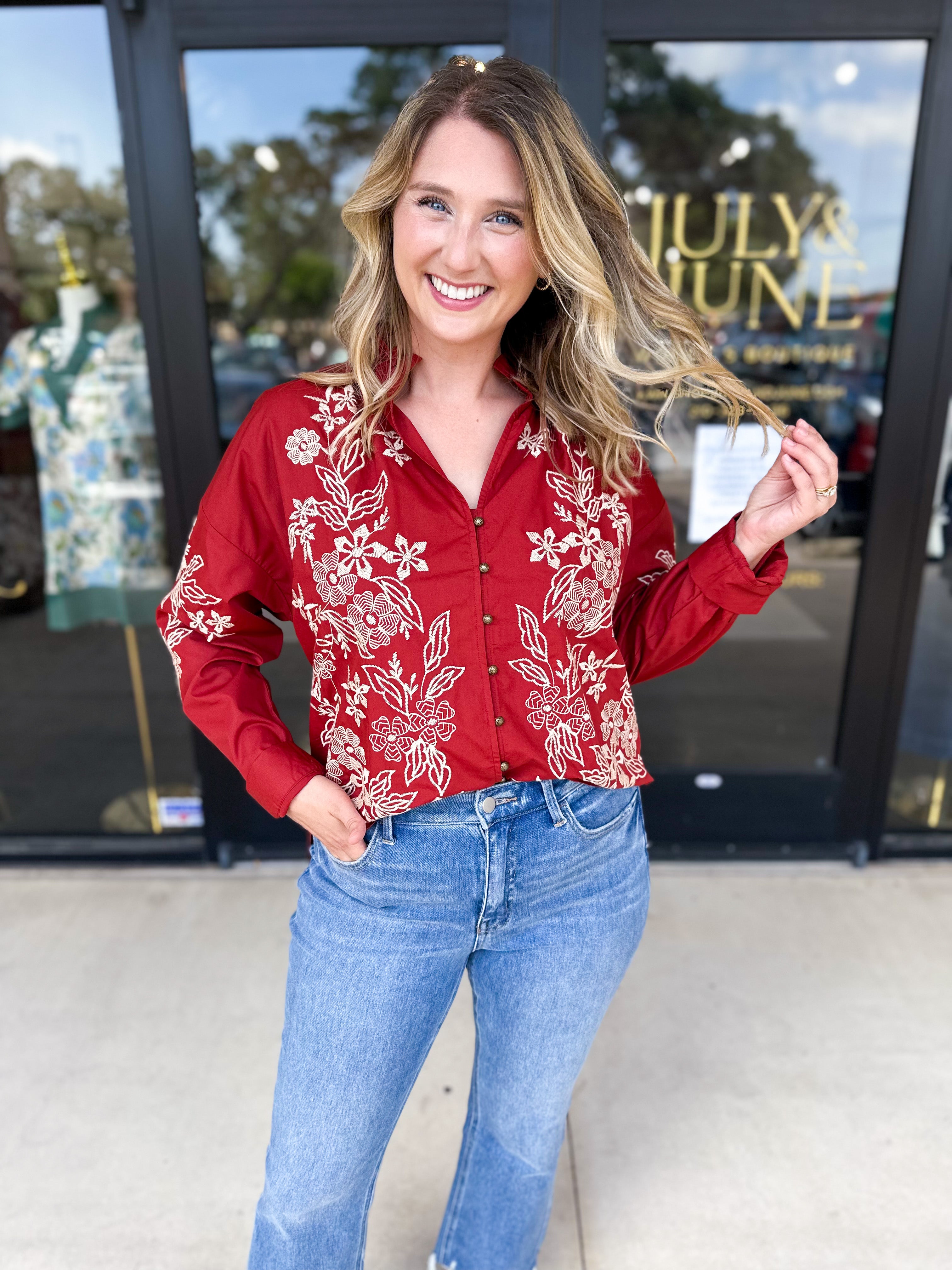Elara Embroidered Blouse - Rust-200 Fashion Blouses-ENTRO-July & June Women's Fashion Boutique Located in San Antonio, Texas