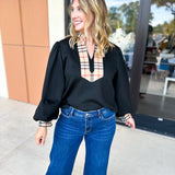 Tan & Black Tartan Blouse-200 Fashion Blouses-JODIFL-July & June Women's Fashion Boutique Located in San Antonio, Texas