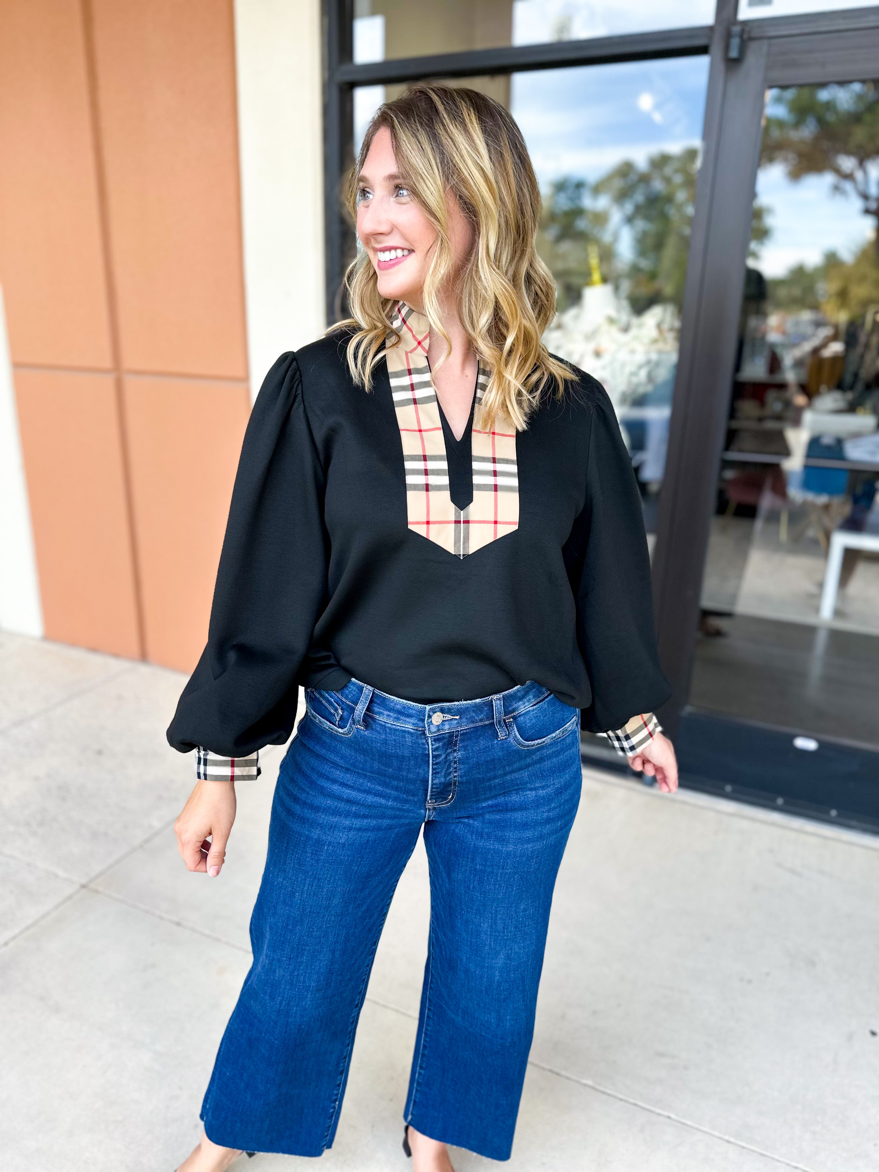Tan & Black Tartan Blouse-200 Fashion Blouses-JODIFL-July & June Women's Fashion Boutique Located in San Antonio, Texas