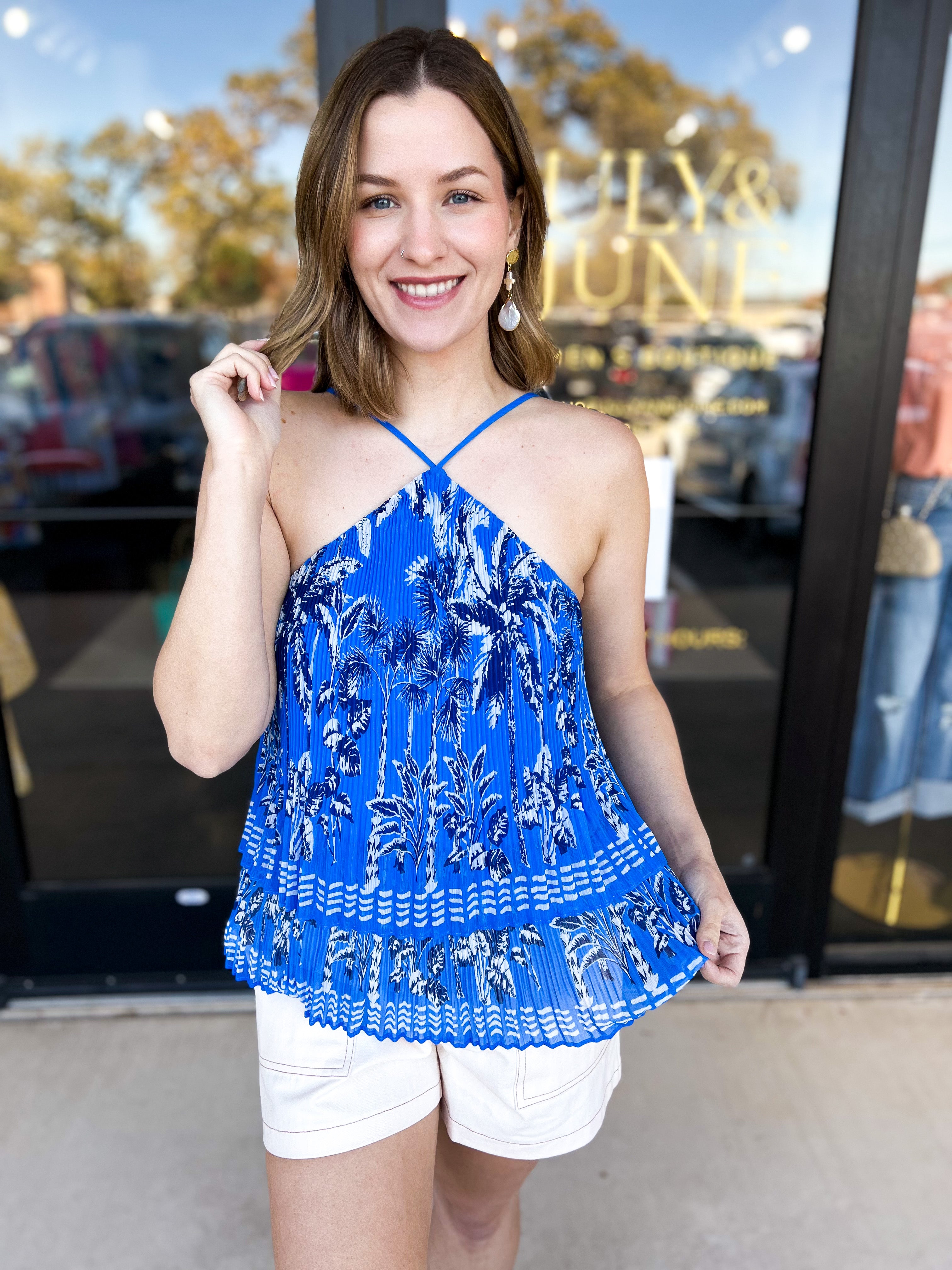 Beachside Halter Cami-200 Fashion Blouses-SKIES ARE BLUE-July & June Women's Fashion Boutique Located in San Antonio, Texas