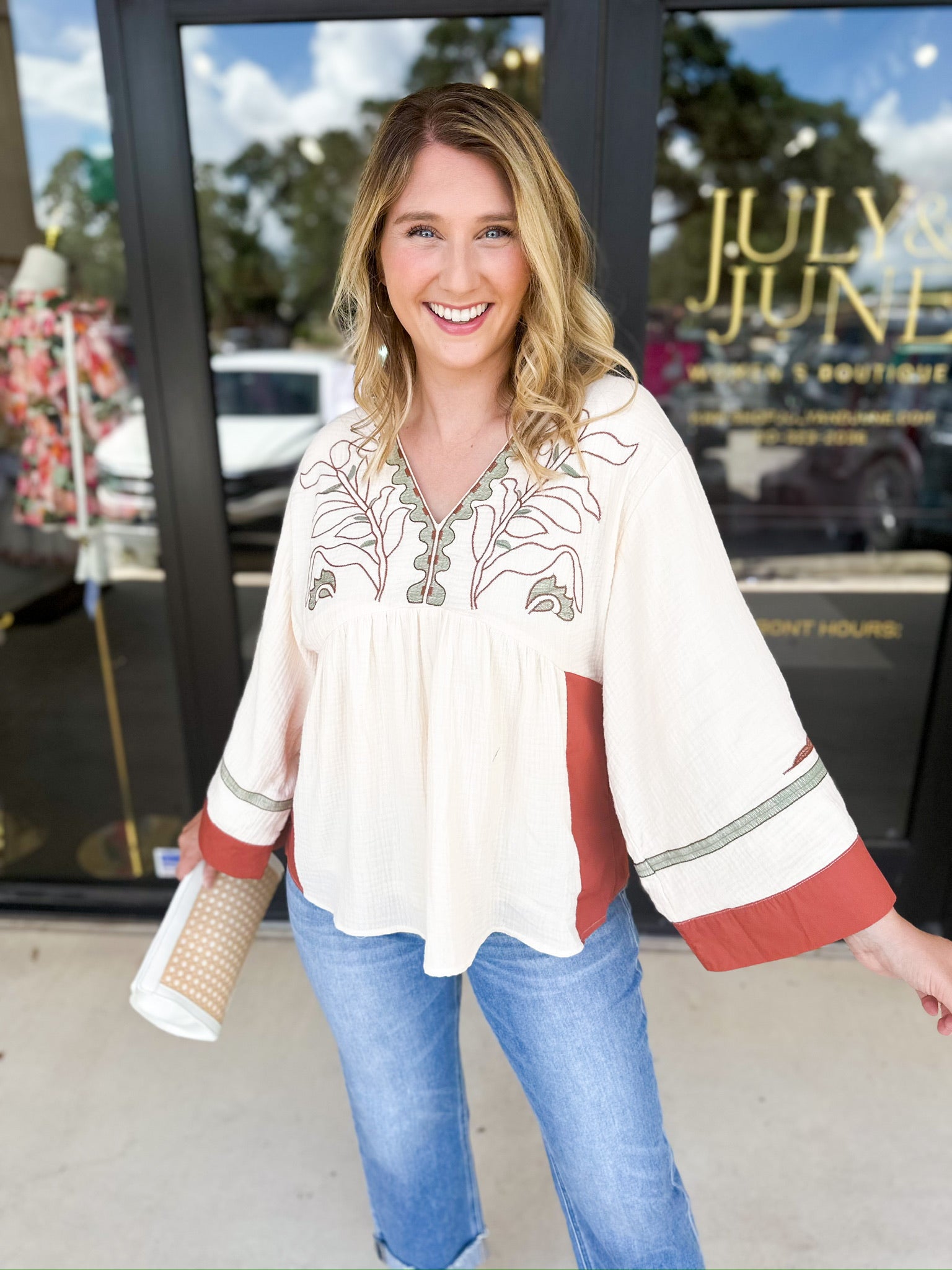 Organic Florals Boho Blouse-200 Fashion Blouses-JODIFL-July & June Women's Fashion Boutique Located in San Antonio, Texas