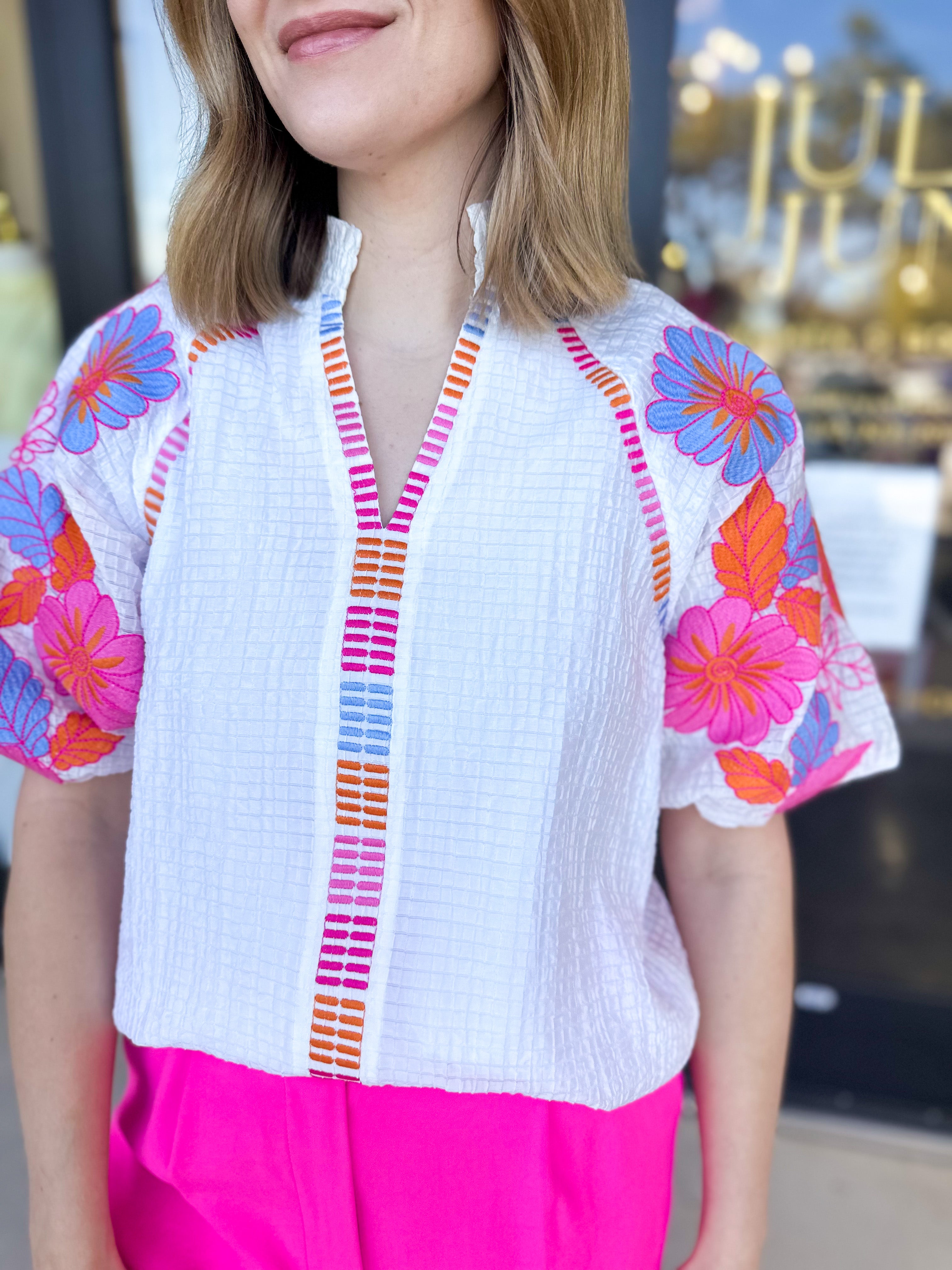 THML - Spring Florals Embroidered Blouse- Ivory-200 Fashion Blouses-THML-July & June Women's Fashion Boutique Located in San Antonio, Texas