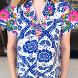 THML - Bold Blue Embroidered Blouse-200 Fashion Blouses-THML-July & June Women's Fashion Boutique Located in San Antonio, Texas