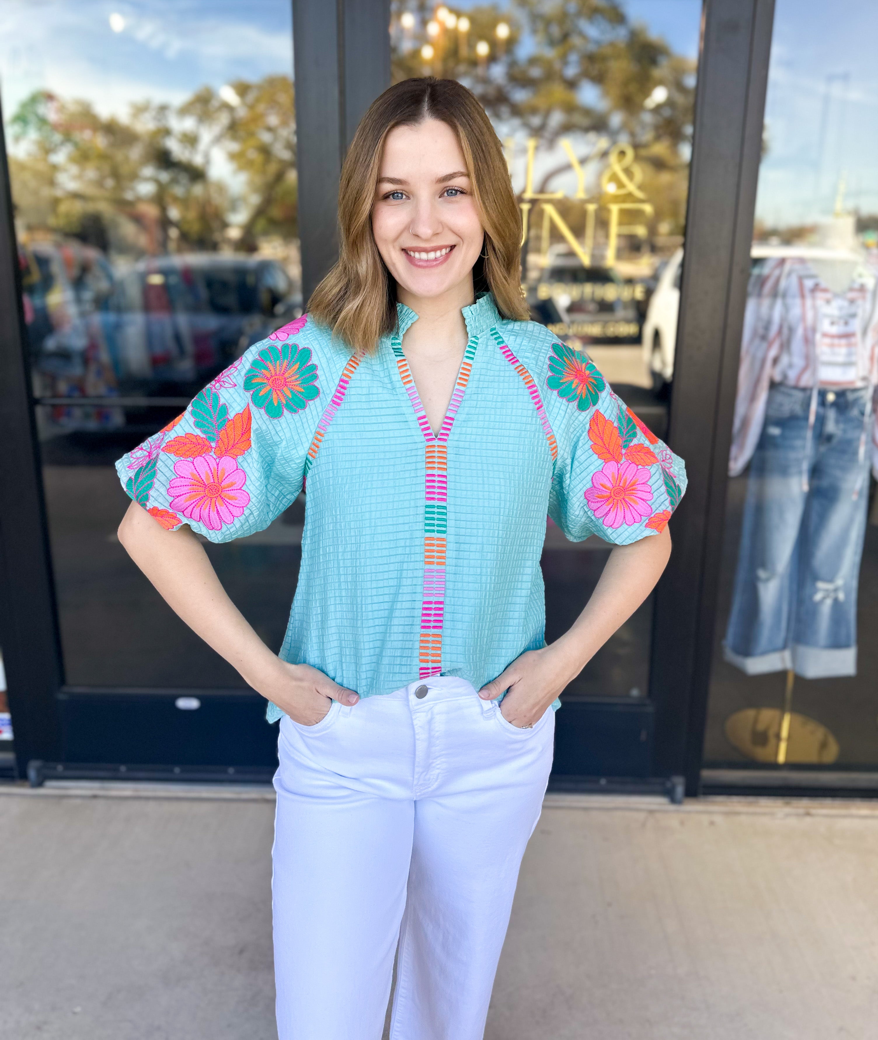 THML Spring Florals Embroidered Blouse- Light Blue- FINAL SALE