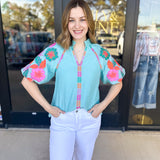 THML - Spring Florals Embroidered Blouse- Light Blue-200 Fashion Blouses-THML-July & June Women's Fashion Boutique Located in San Antonio, Texas