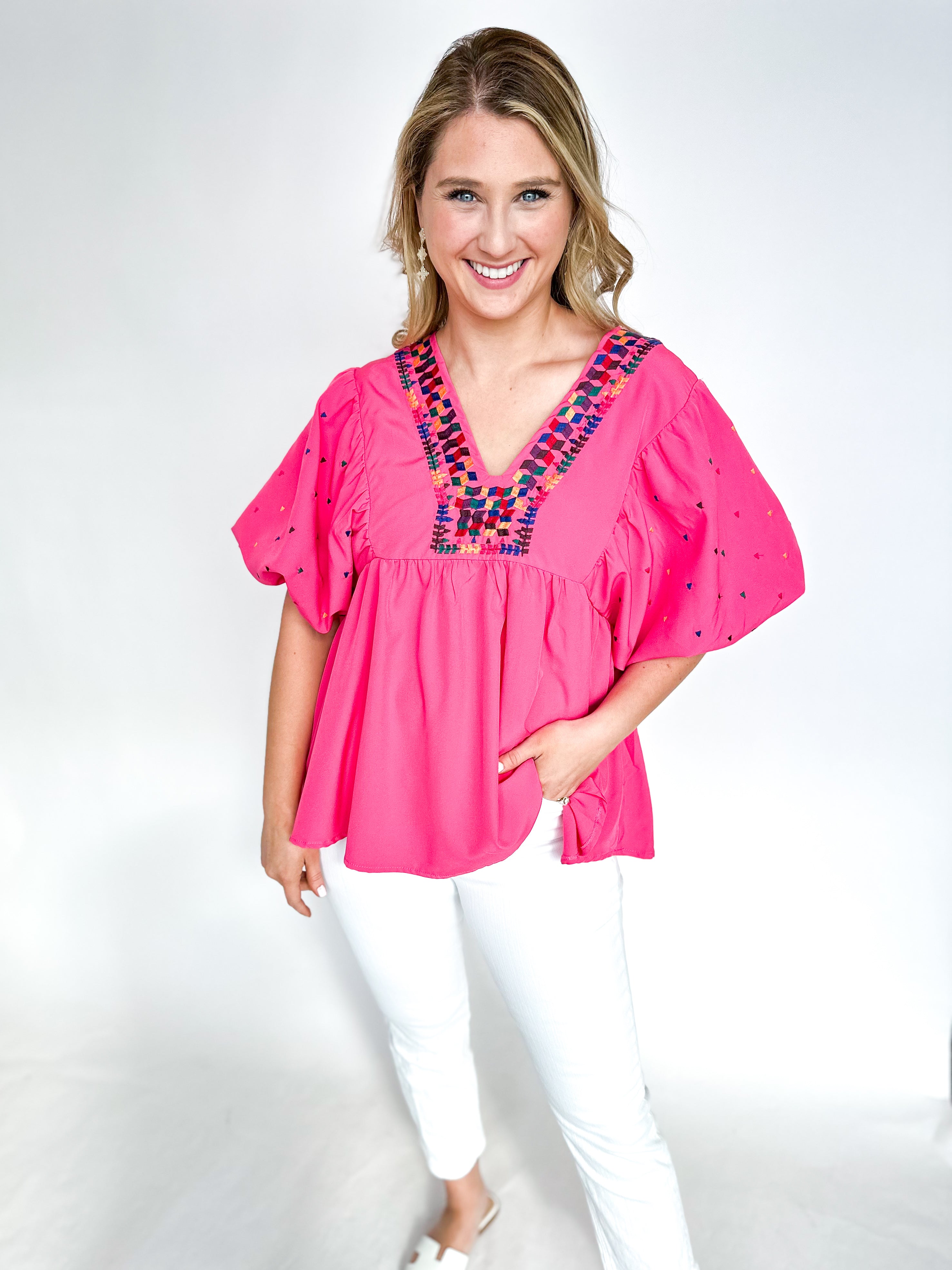 San Antonio Embroidered Blouse - Pink-200 Fashion Blouses-ENTRO-July & June Women's Fashion Boutique Located in San Antonio, Texas