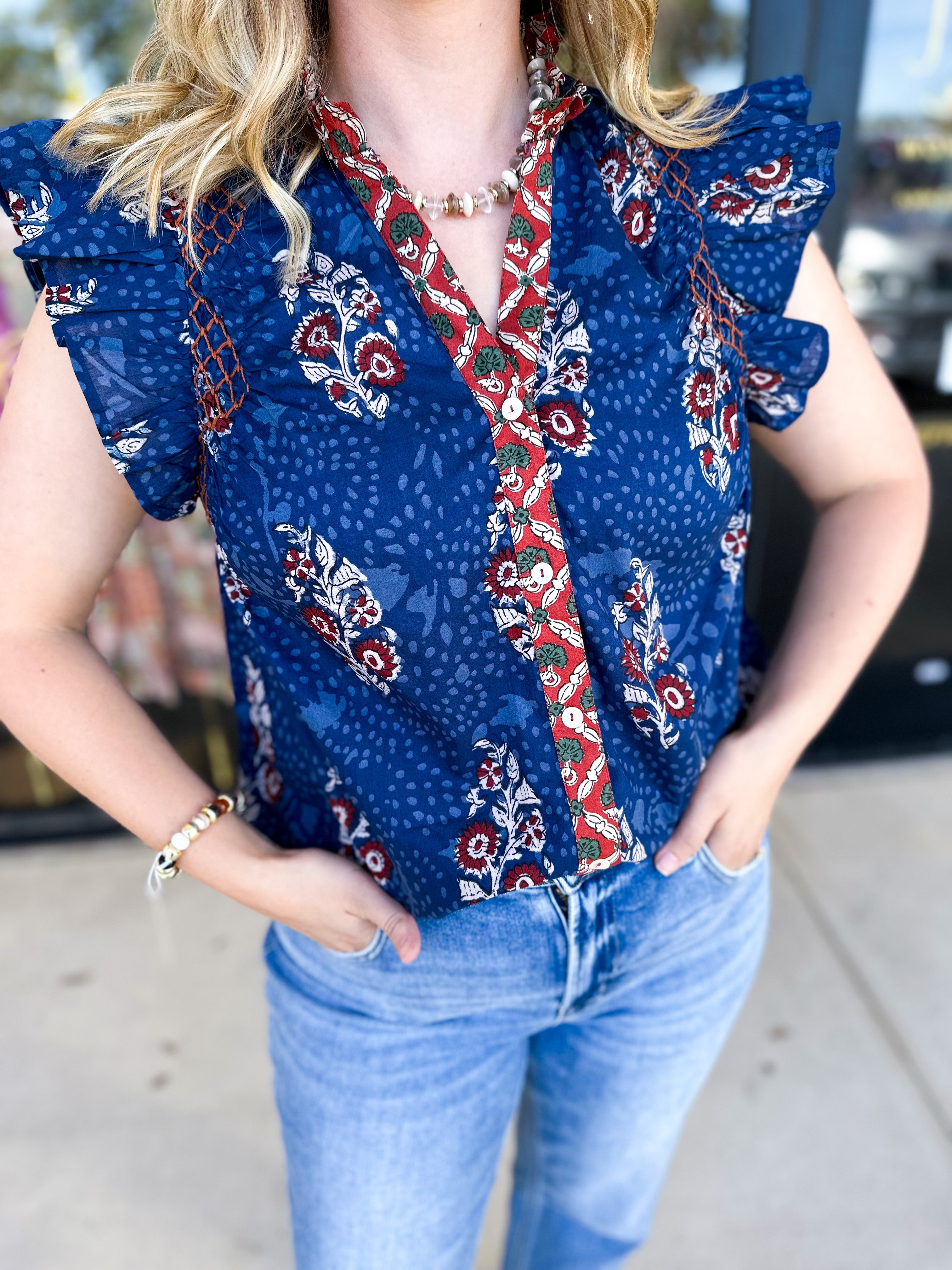THML - Navy & Rust Blouse-200 Fashion Blouses-THML-July & June Women's Fashion Boutique Located in San Antonio, Texas