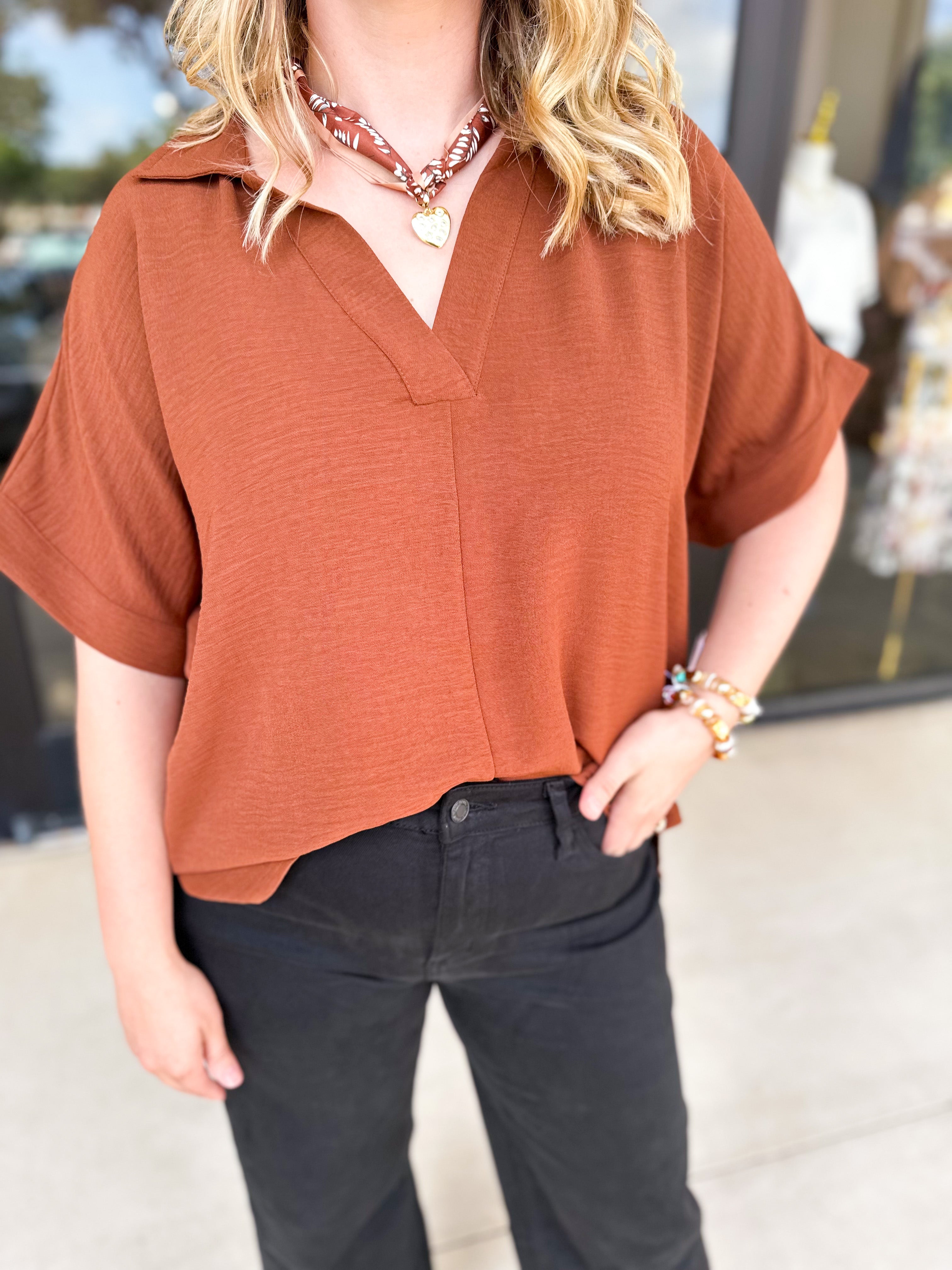 The Everyday Collard Blouse - Camel-200 Fashion Blouses-JODIFL-July & June Women's Fashion Boutique Located in San Antonio, Texas