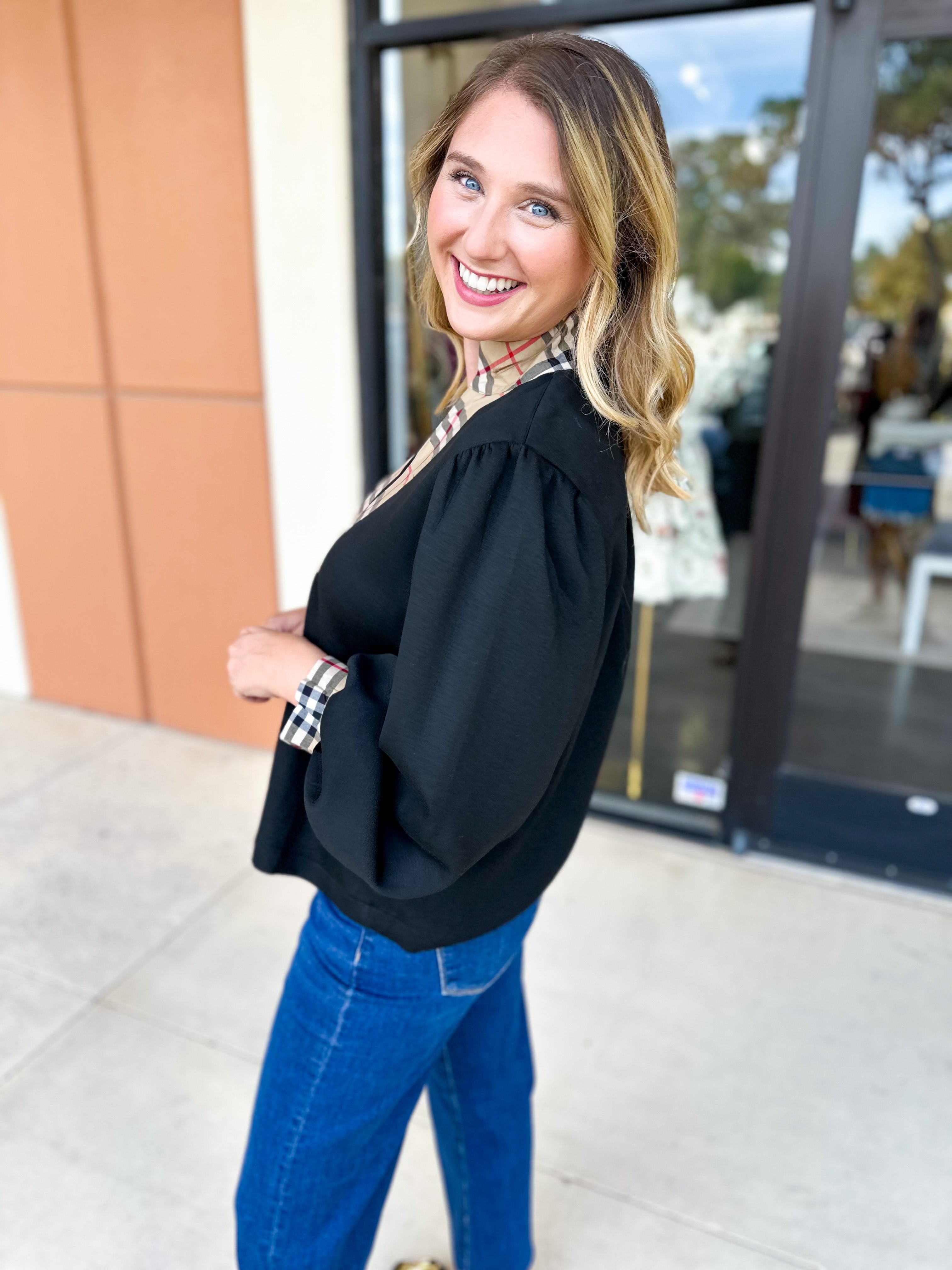 Tan & Black Tartan Blouse-200 Fashion Blouses-JODIFL-July & June Women's Fashion Boutique Located in San Antonio, Texas
