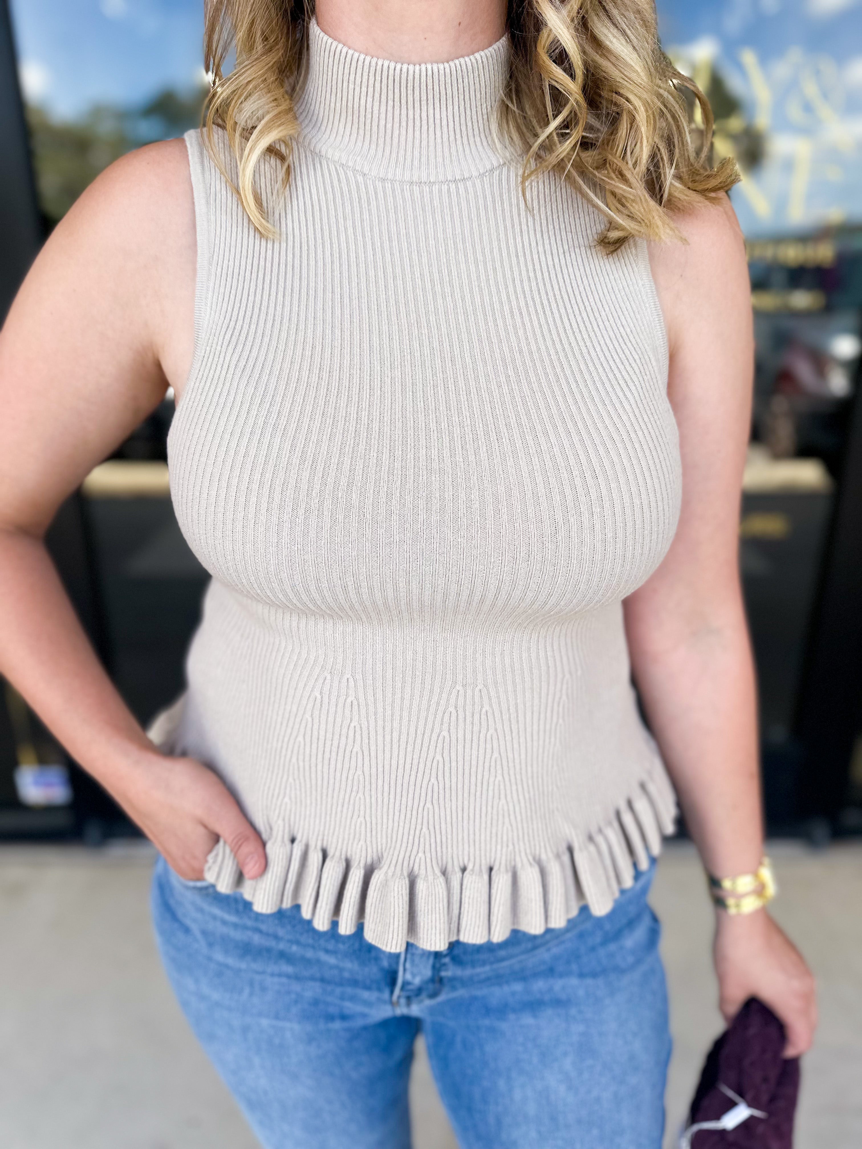 Ruffle Knit Tank Top - Taupe-230 Sweaters/Cardis-FATE-July & June Women's Fashion Boutique Located in San Antonio, Texas