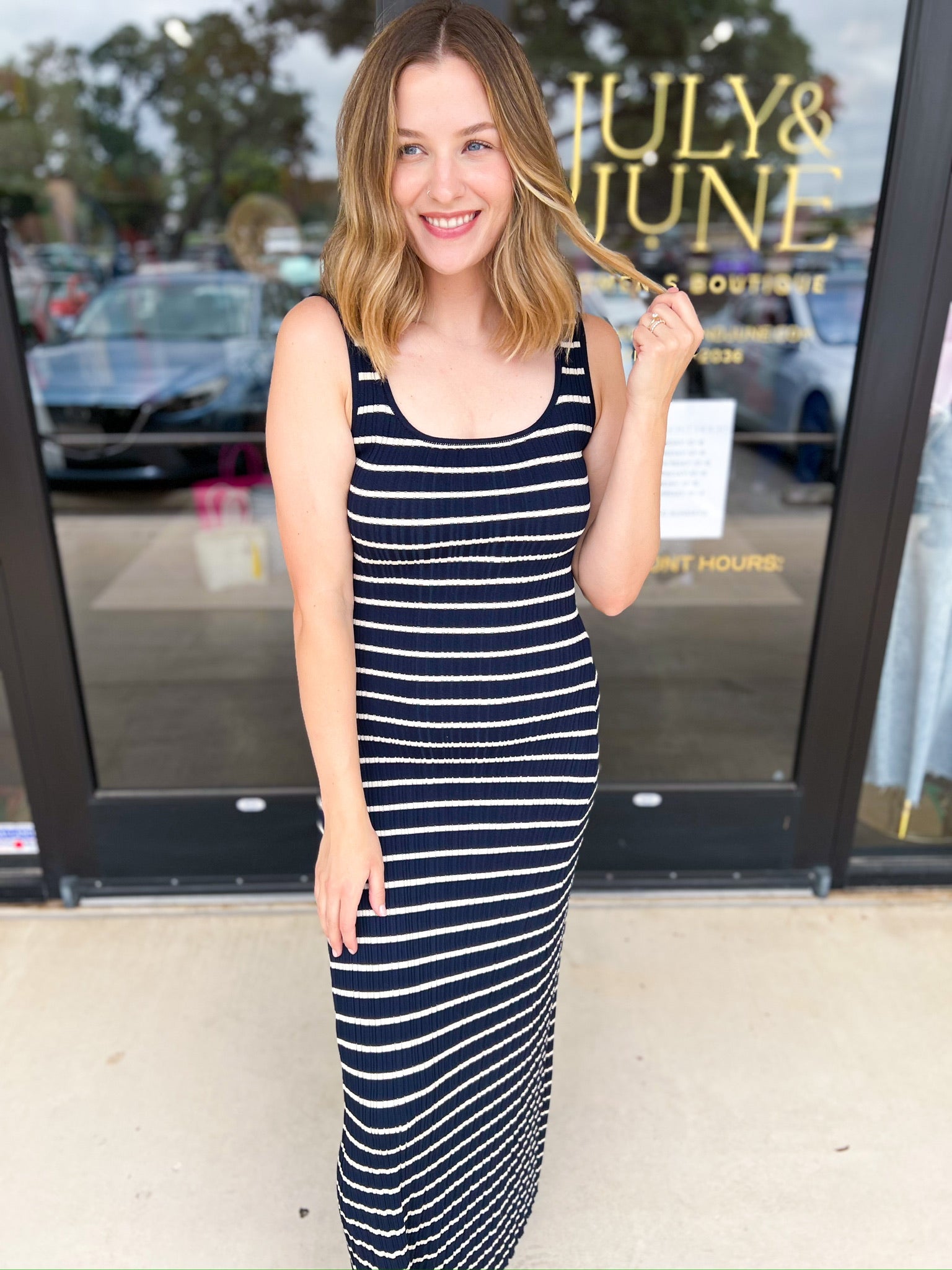 Navy Knit Midi Dress-500 Midi-SKIES ARE BLUE-July & June Women's Fashion Boutique Located in San Antonio, Texas