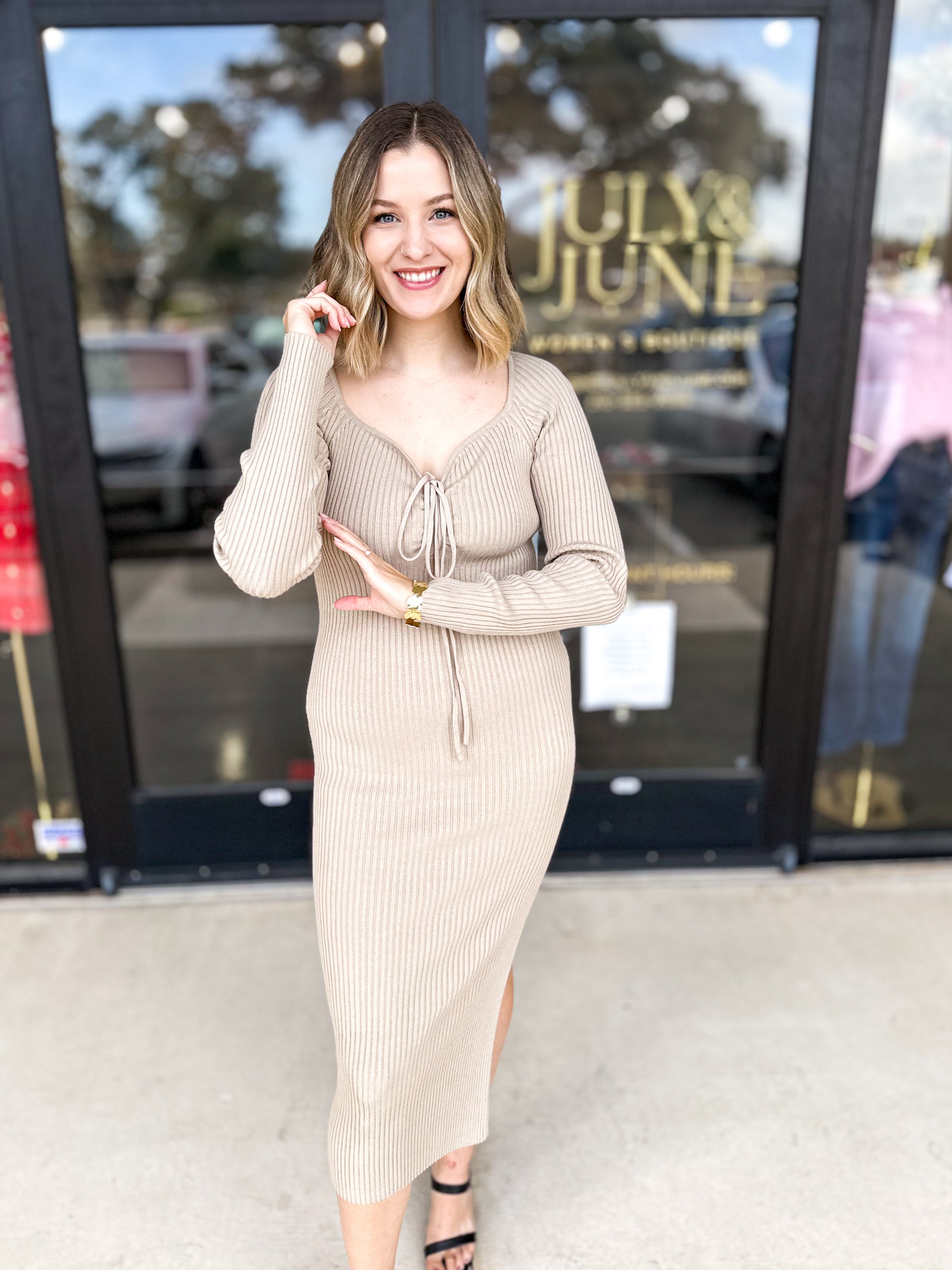 Ribbed Midi Dress -Sand-PINK FRIDAY DOORBUSTER- ONLINE-PINK FRIDAY DOORBUSTERS-SKIES ARE BLUE-July & June Women's Fashion Boutique Located in San Antonio, Texas