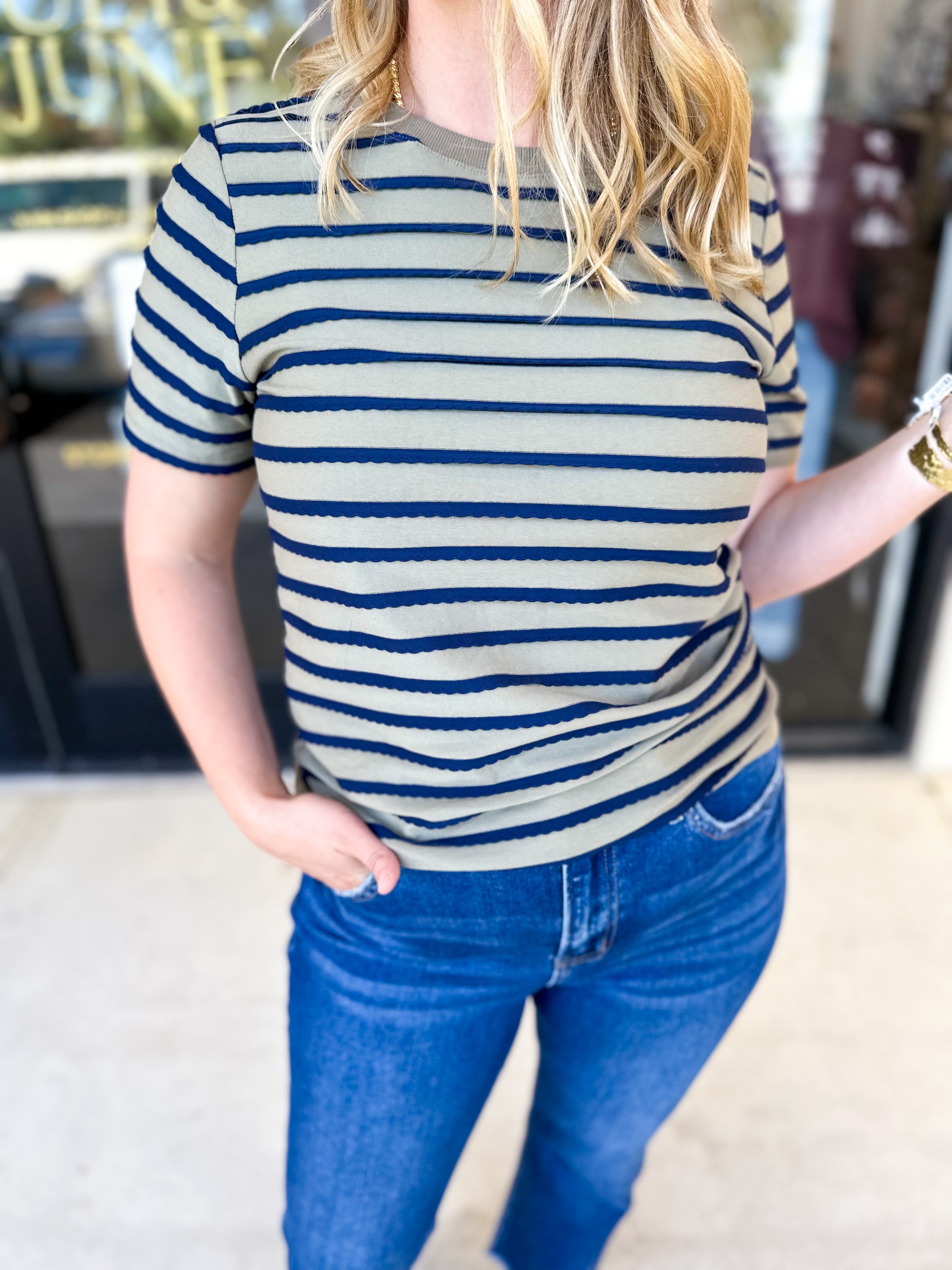 Striped Round Neck Tee - Olive-210 Casual Blouses-POLOGRAM-July & June Women's Fashion Boutique Located in San Antonio, Texas