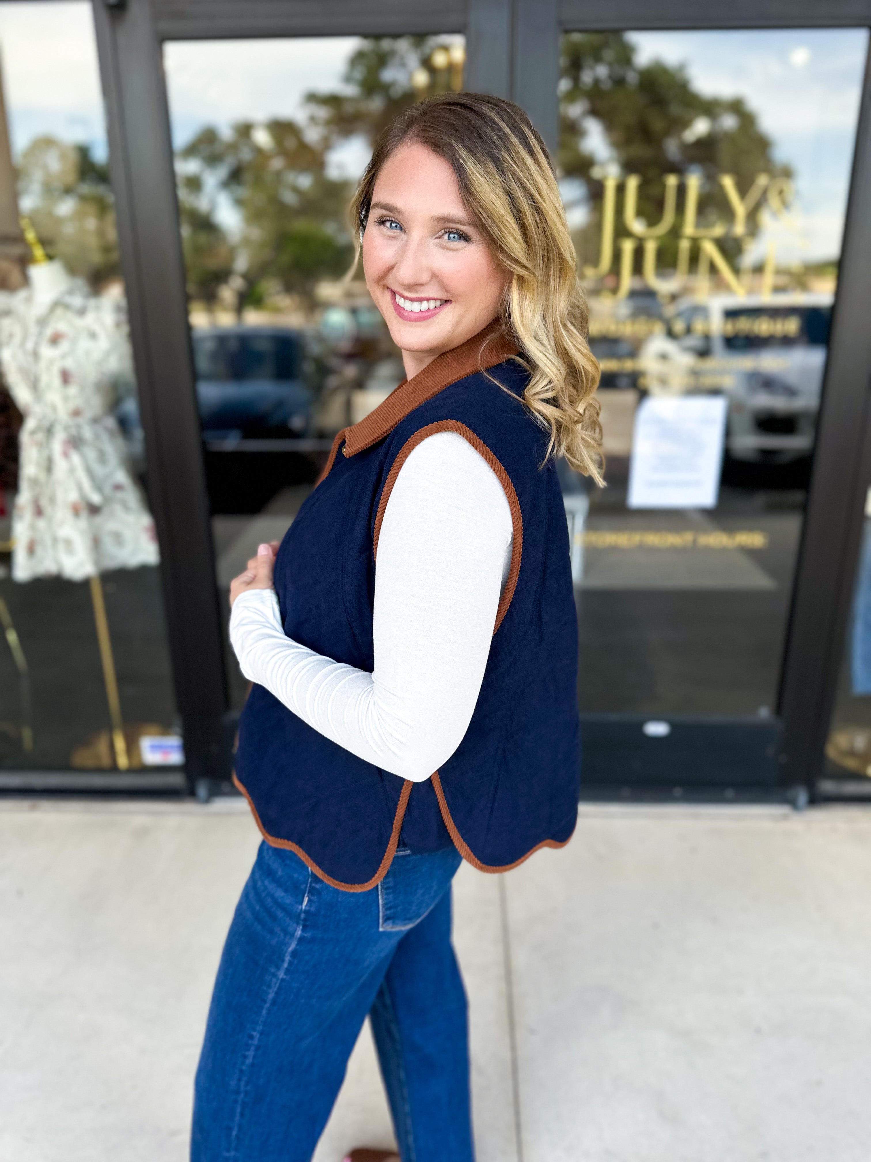 Navy & Suede Vest-600 Outerwear-ENTRO-July & June Women's Fashion Boutique Located in San Antonio, Texas