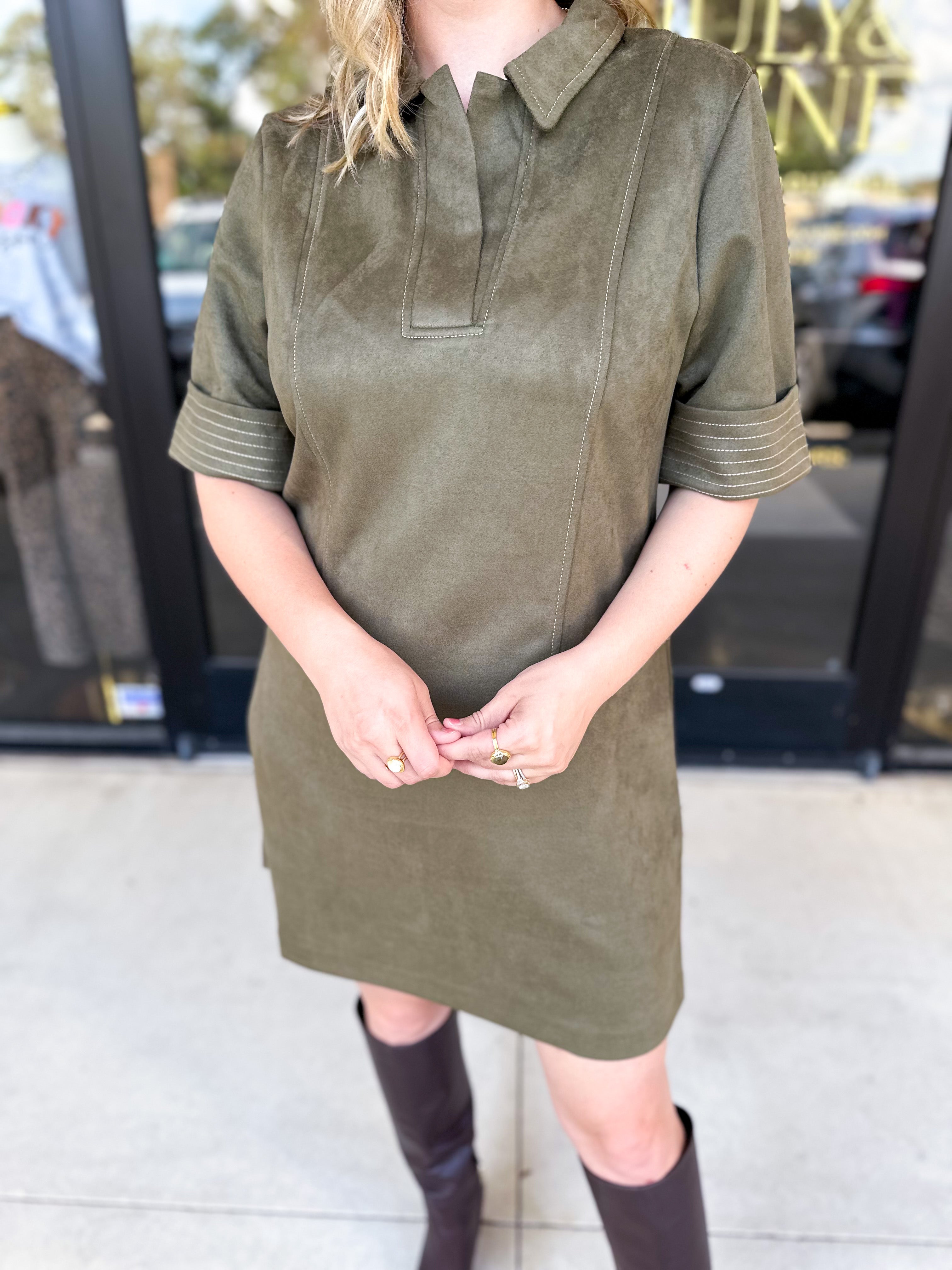 THML - Short Sleeve Collared Mini Dress - Olive-510 Mini-THML-July & June Women's Fashion Boutique Located in San Antonio, Texas