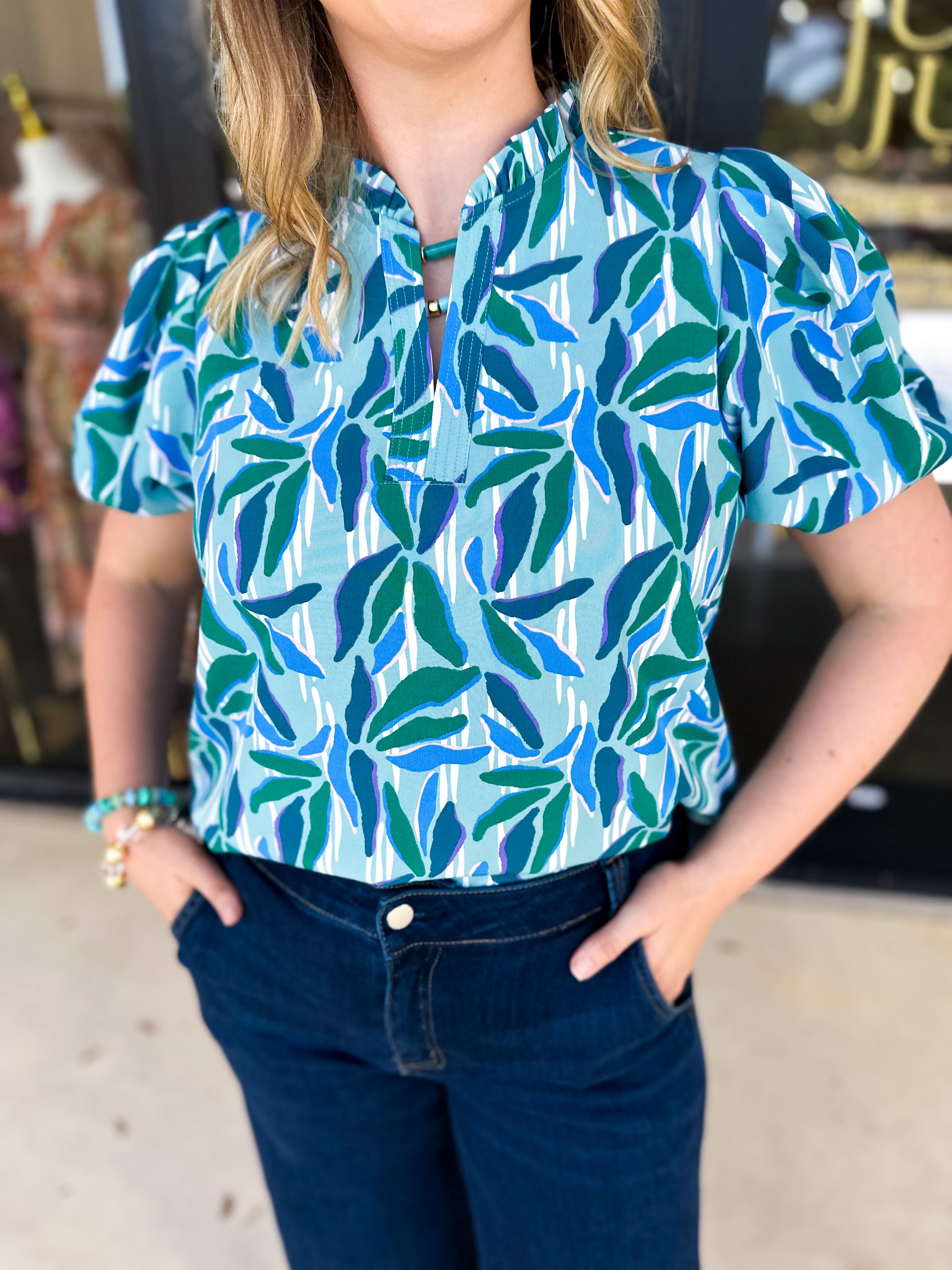 Mary Square - Lainey Reflecting Green Blouse-200 Fashion Blouses-MARY SQUARE-July & June Women's Fashion Boutique Located in San Antonio, Texas