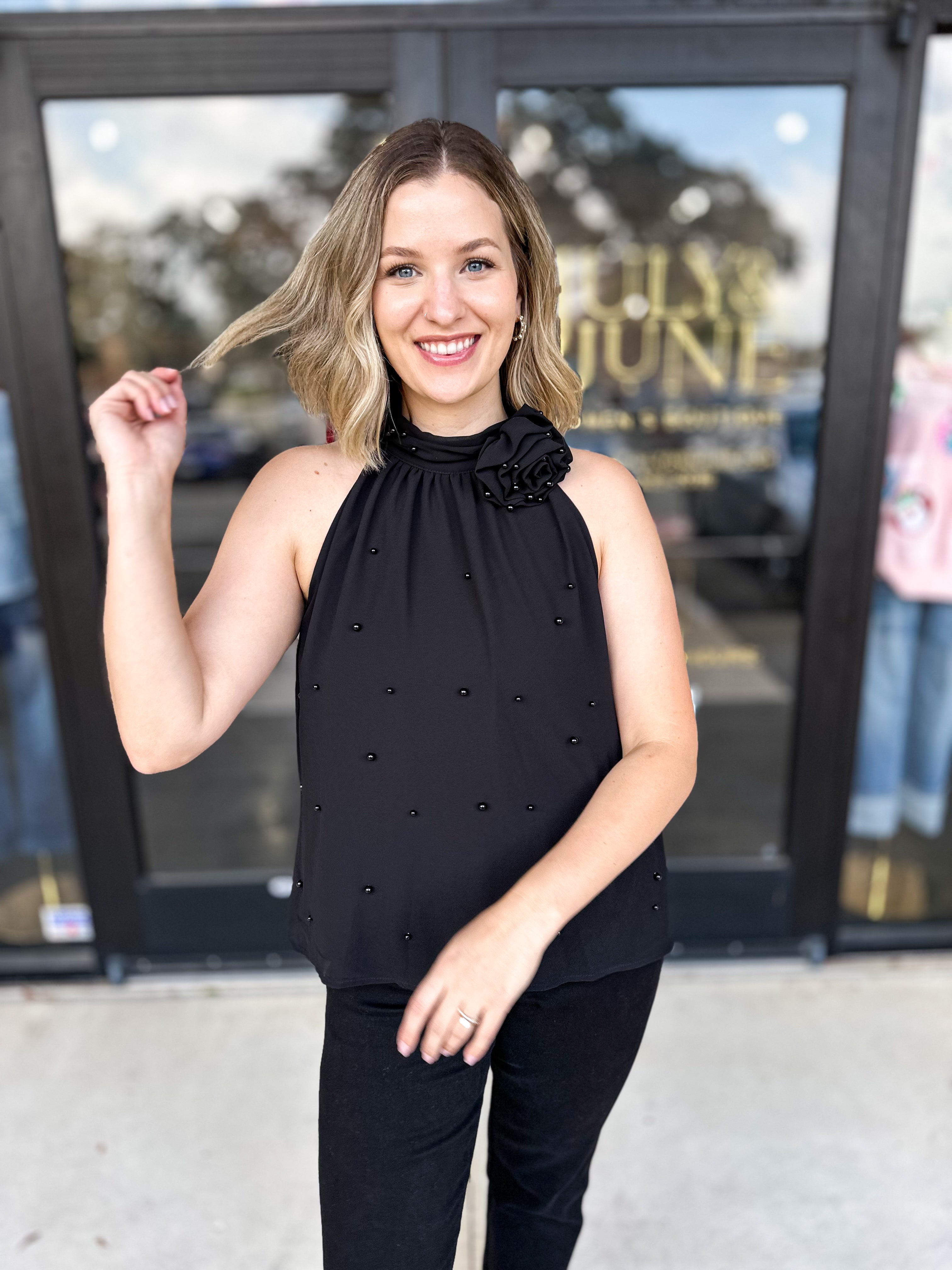 Black Rose Halter Tank-200 Fashion Blouses-FATE-July & June Women's Fashion Boutique Located in San Antonio, Texas