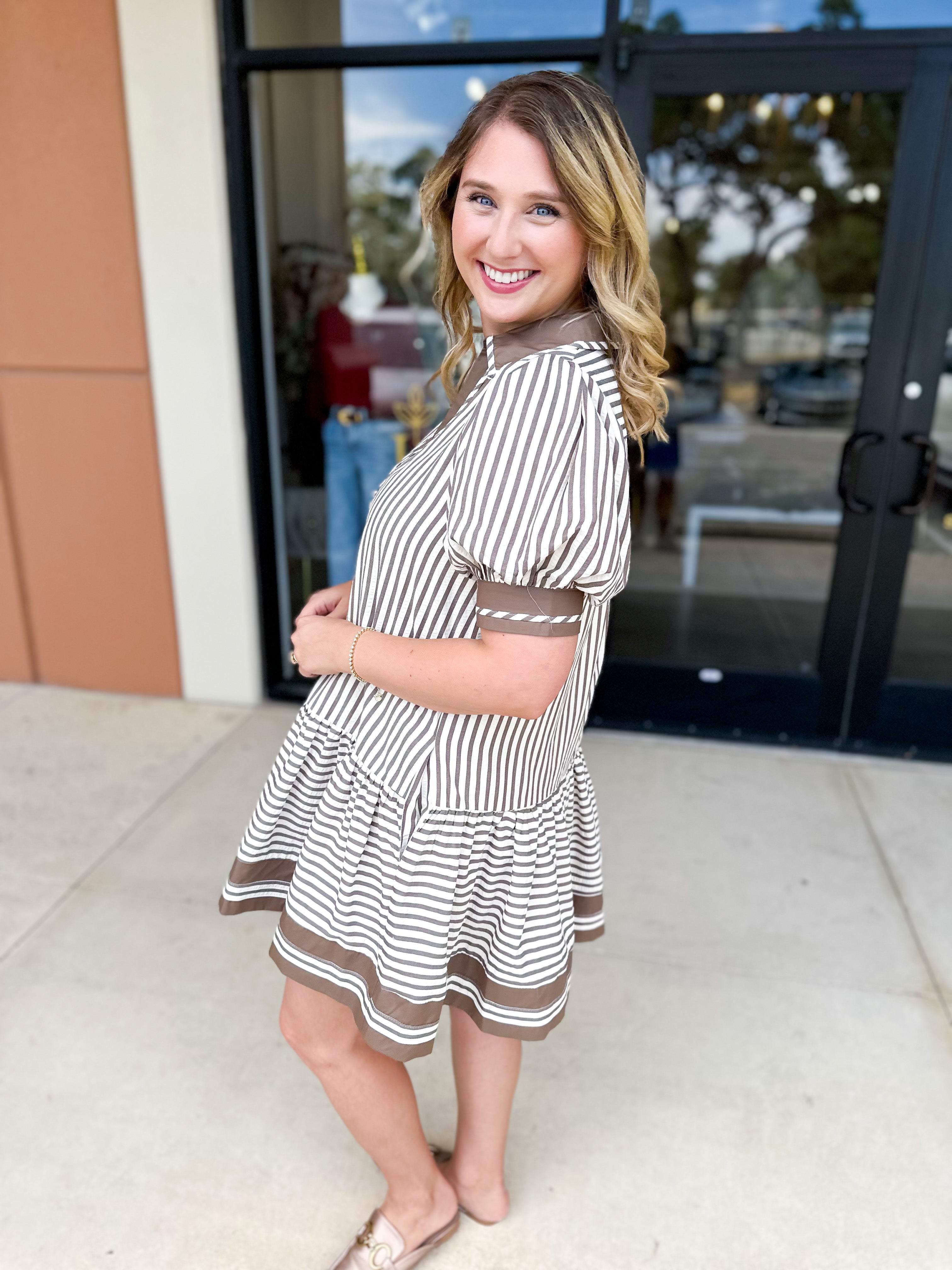 Mocha Stripe Mini Dress-510 Mini-ENTRO-July & June Women's Fashion Boutique Located in San Antonio, Texas