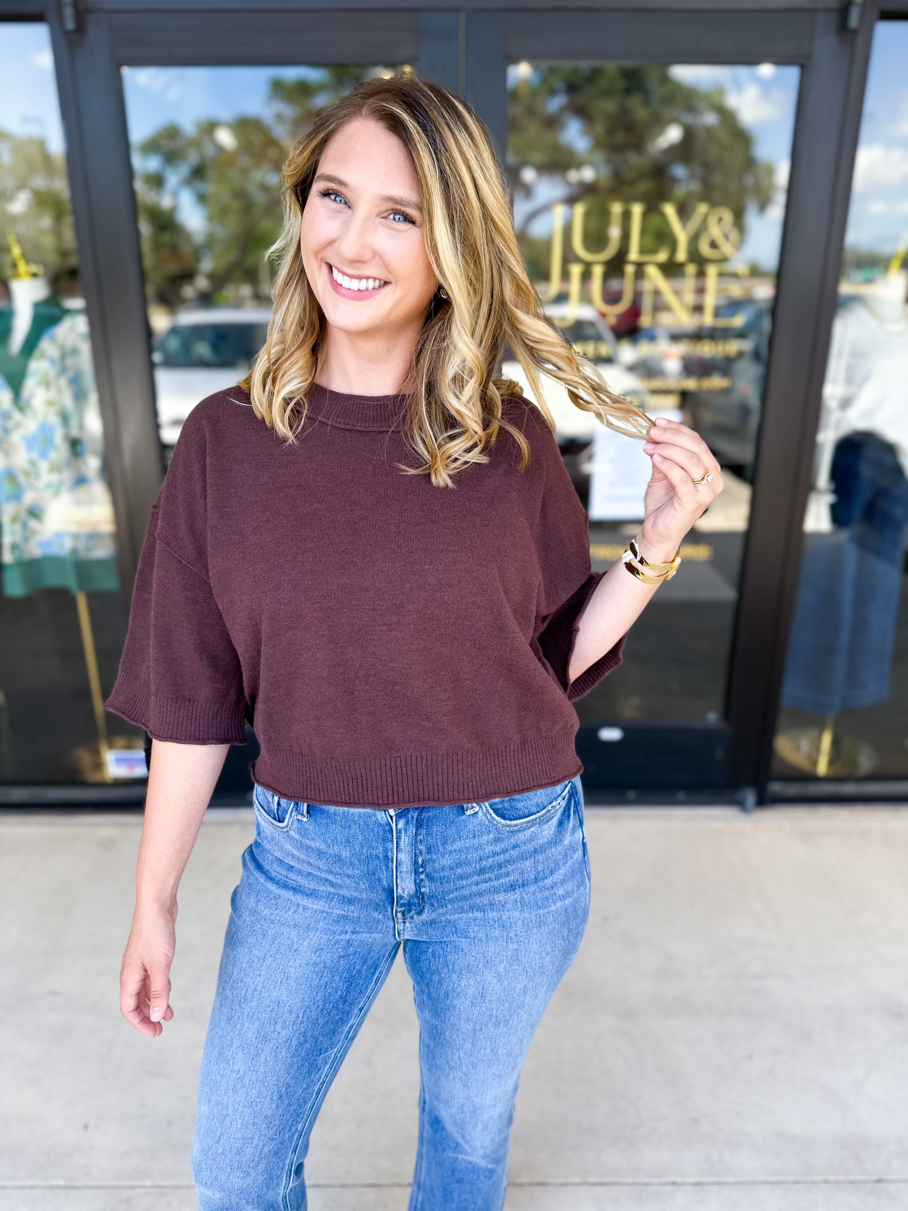The Kimmy Sweater Top - Brown-230 Sweaters/Cardis-ENTRO-July & June Women's Fashion Boutique Located in San Antonio, Texas