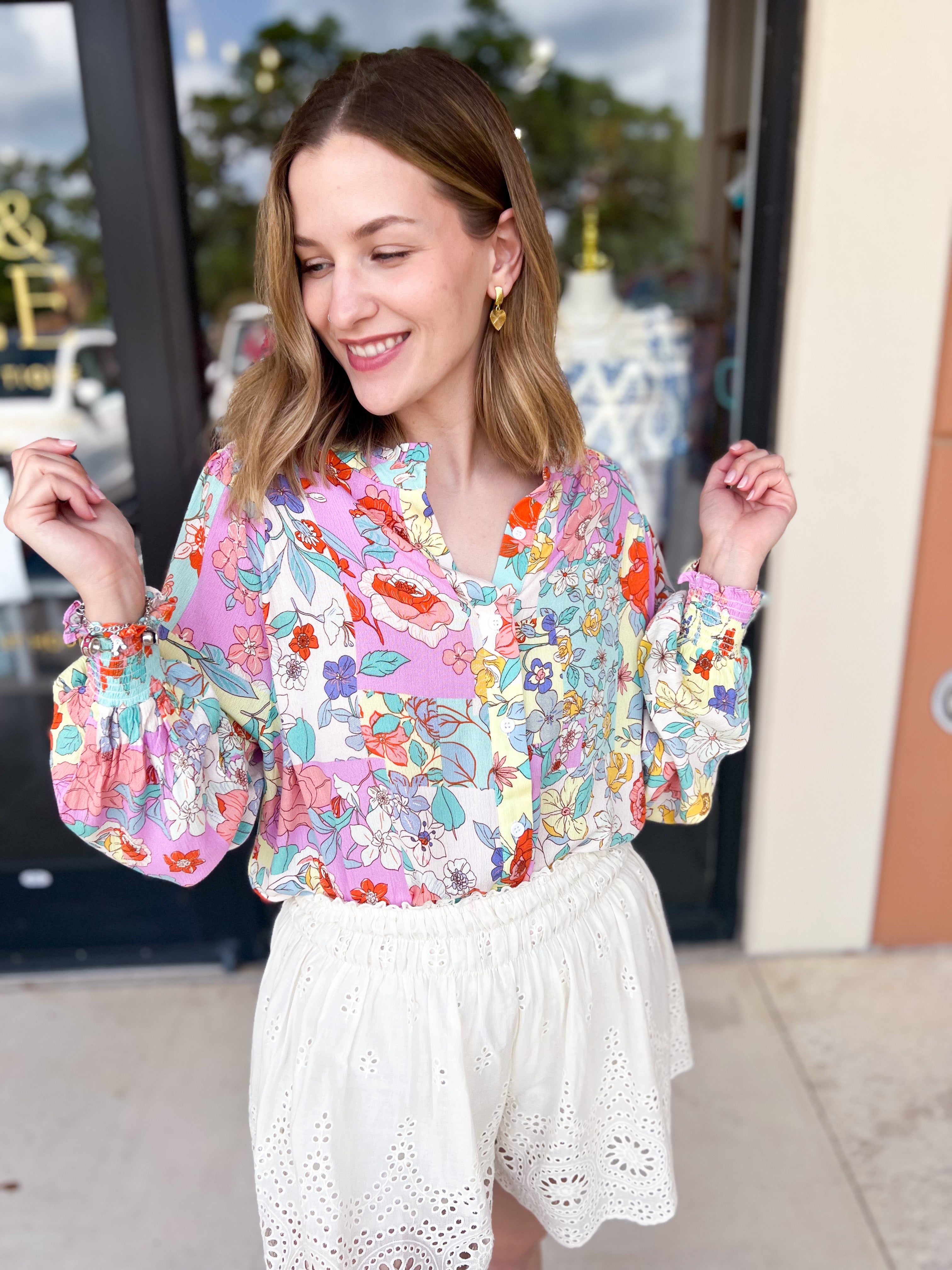 Lavender & Yellow Floral Blouse-200 Fashion Blouses-FATE-July & June Women's Fashion Boutique Located in San Antonio, Texas
