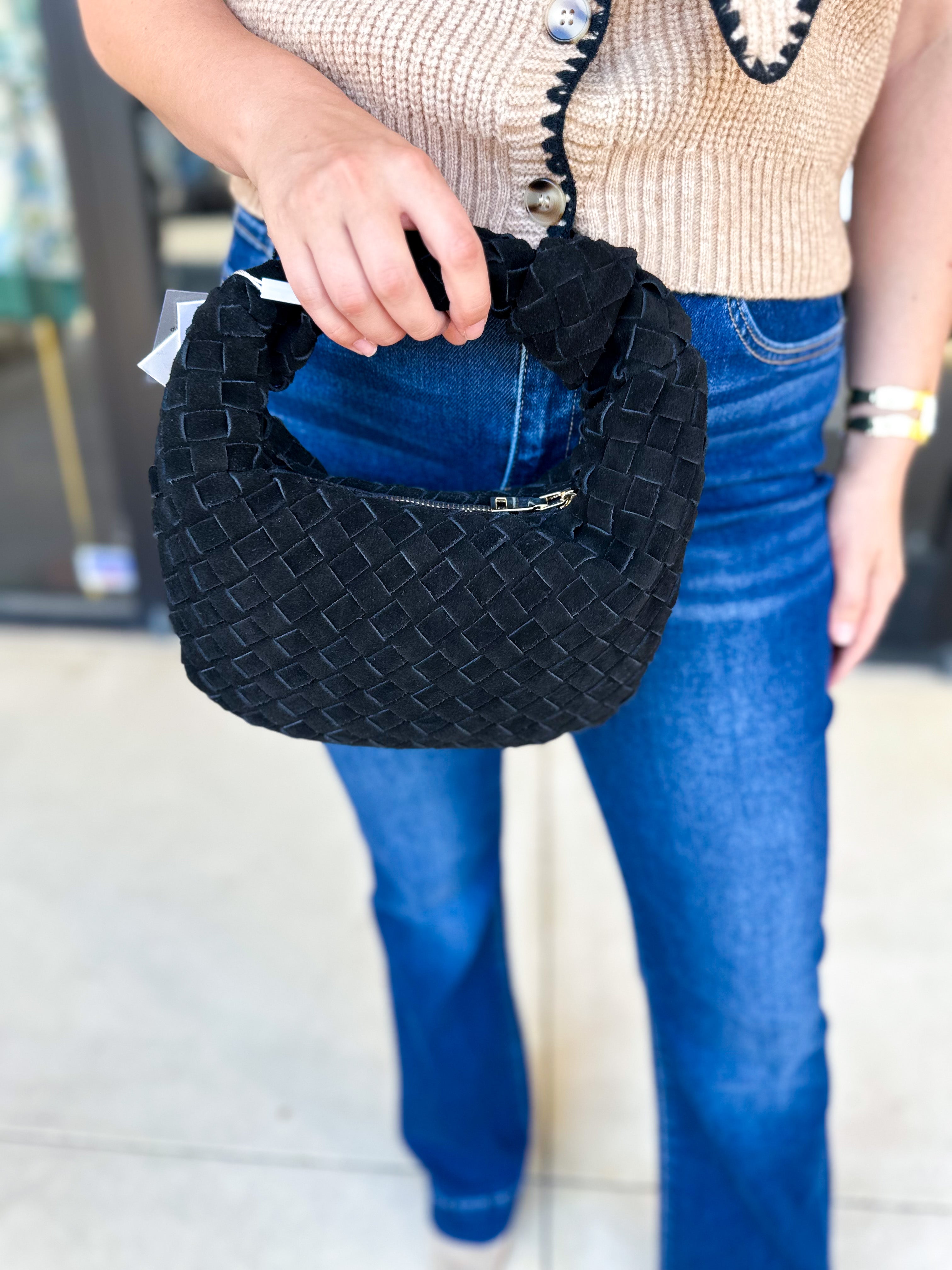 Autumn Woven Genuine Suede Leather Clutch - Black-130 ACCESSORIES-Moda Luxe-July & June Women's Fashion Boutique Located in San Antonio, Texas