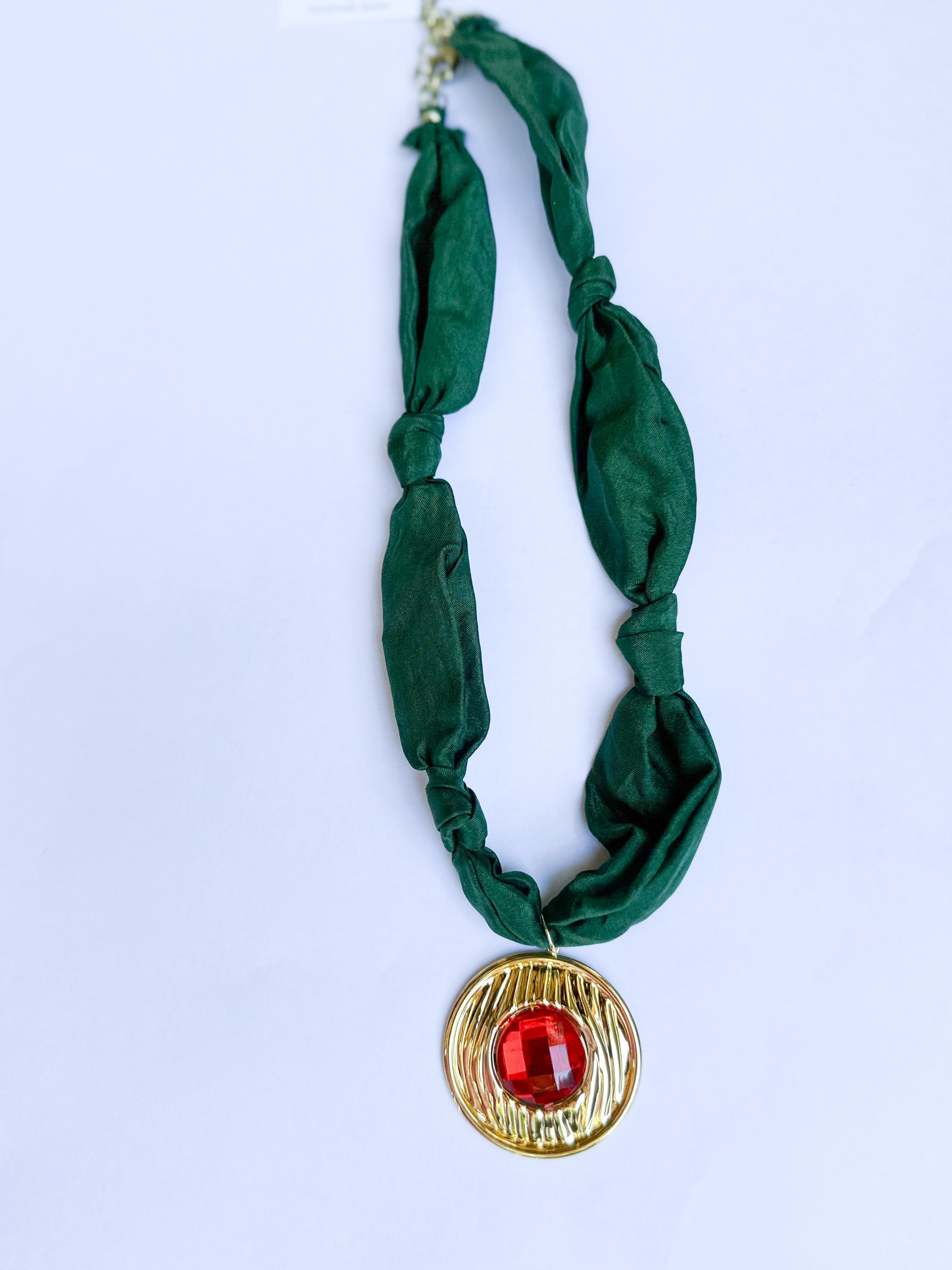 Scarf Necklace - Deep Green & Red Circle-110 Jewelry & Hair-HART DESIGNS-July & June Women's Fashion Boutique Located in San Antonio, Texas