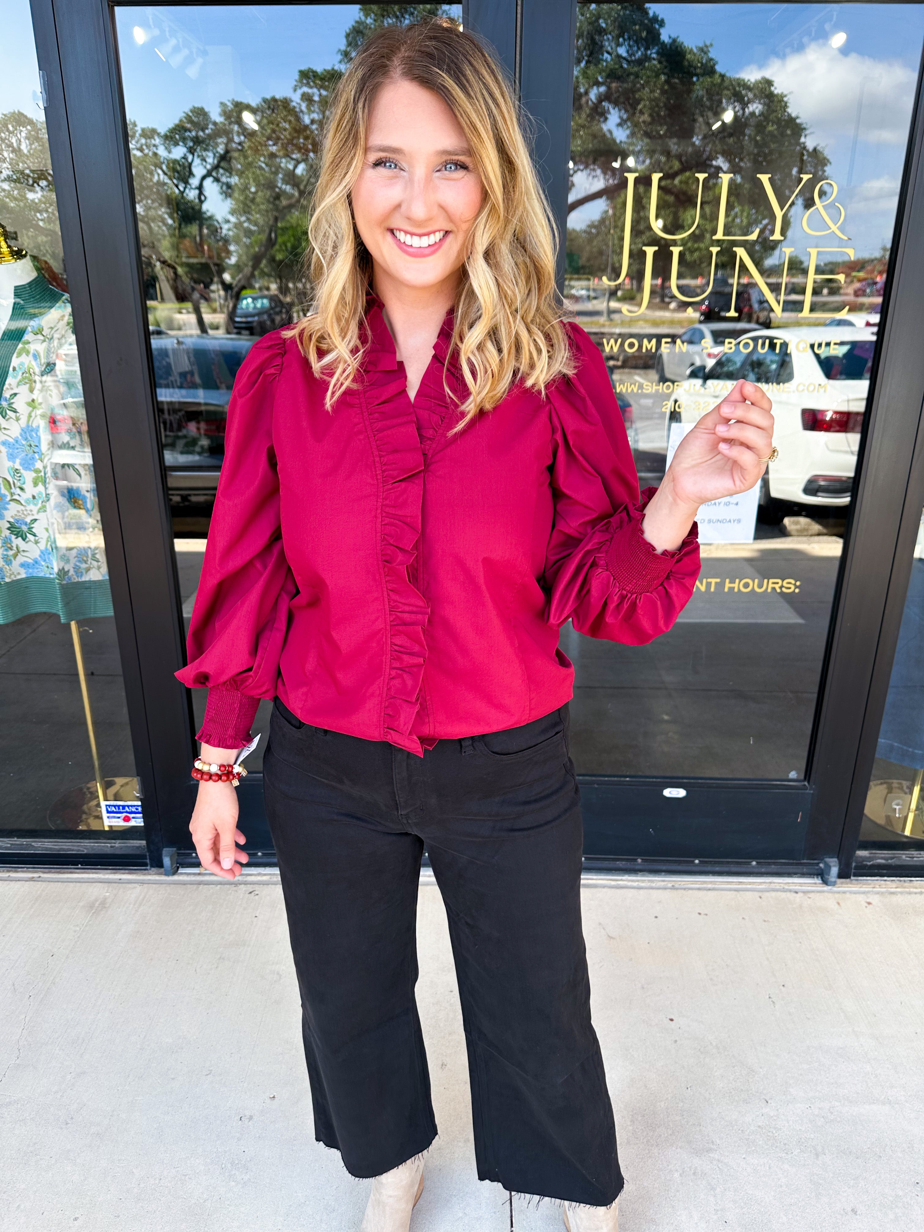 Burgundy Ruffle Blouse-200 Fashion Blouses-ENTRO-July & June Women's Fashion Boutique Located in San Antonio, Texas