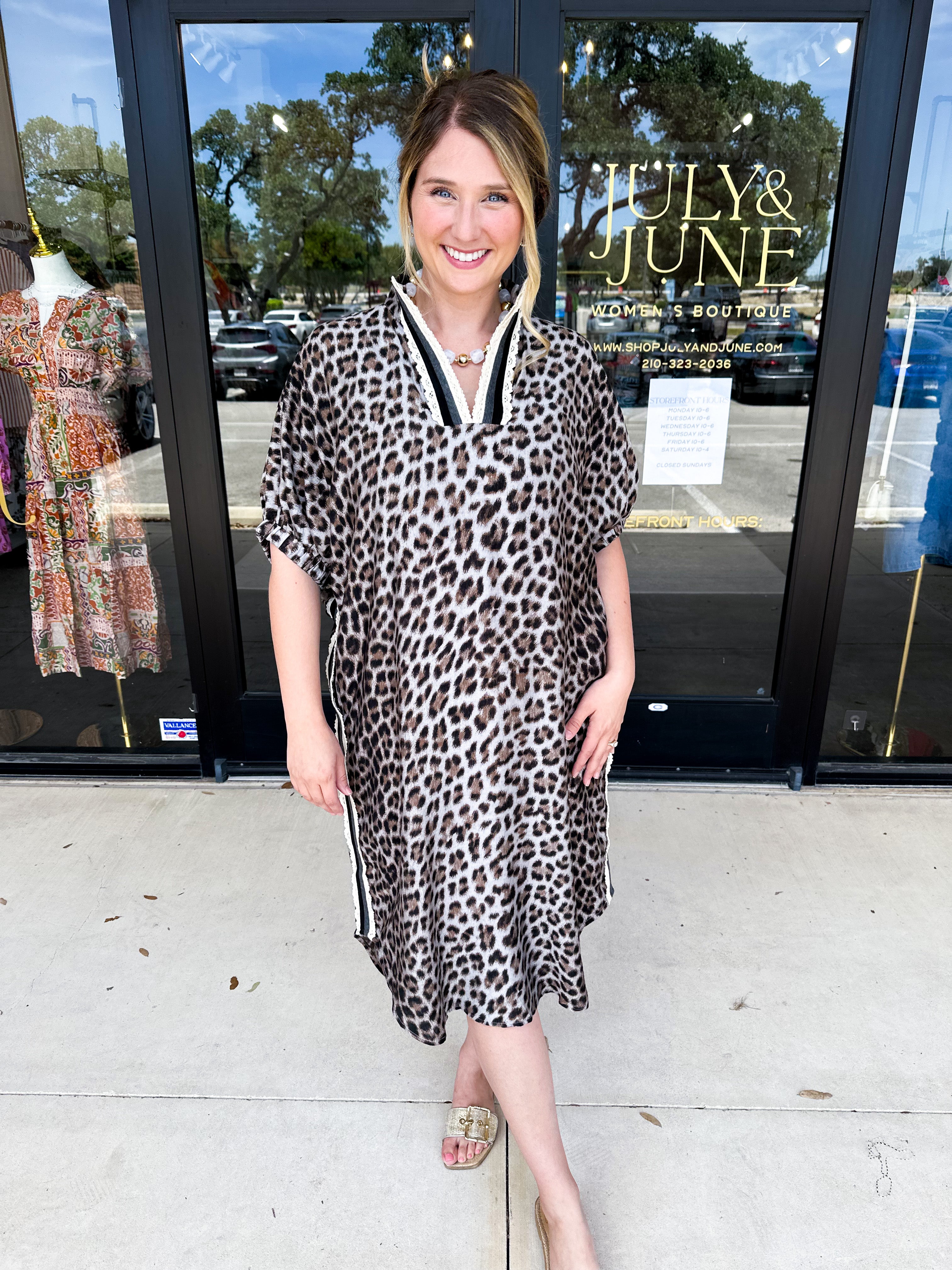 Leopard Caftan Midi Dress - Grey-500 Midi-ENTRO-July & June Women's Fashion Boutique Located in San Antonio, Texas