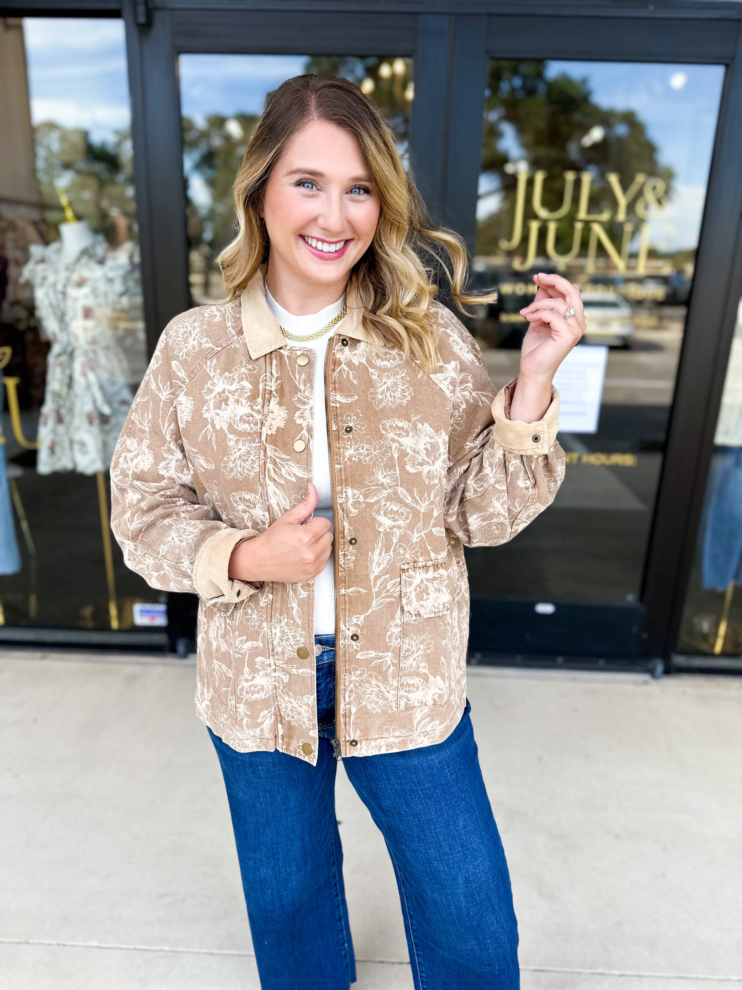 Tan Floral Jacket-600 Outerwear-FATE-July & June Women's Fashion Boutique Located in San Antonio, Texas
