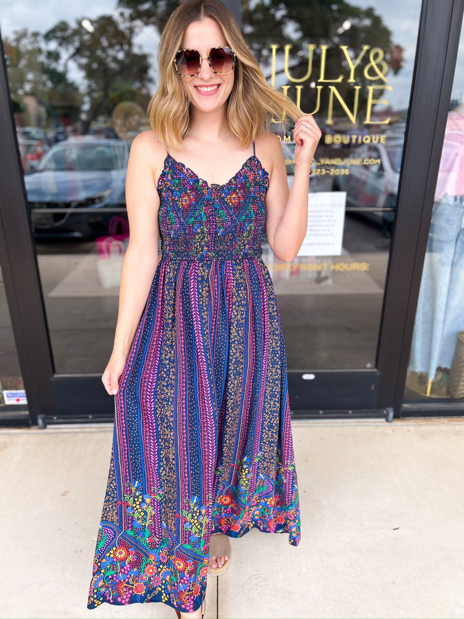 The Rowen Smocked Midi Dress-500 Midi-FATE-July & June Women's Fashion Boutique Located in San Antonio, Texas