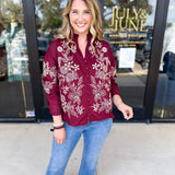 Elara Embroidered Blouse - Burgundy-200 Fashion Blouses-ENTRO-July & June Women's Fashion Boutique Located in San Antonio, Texas