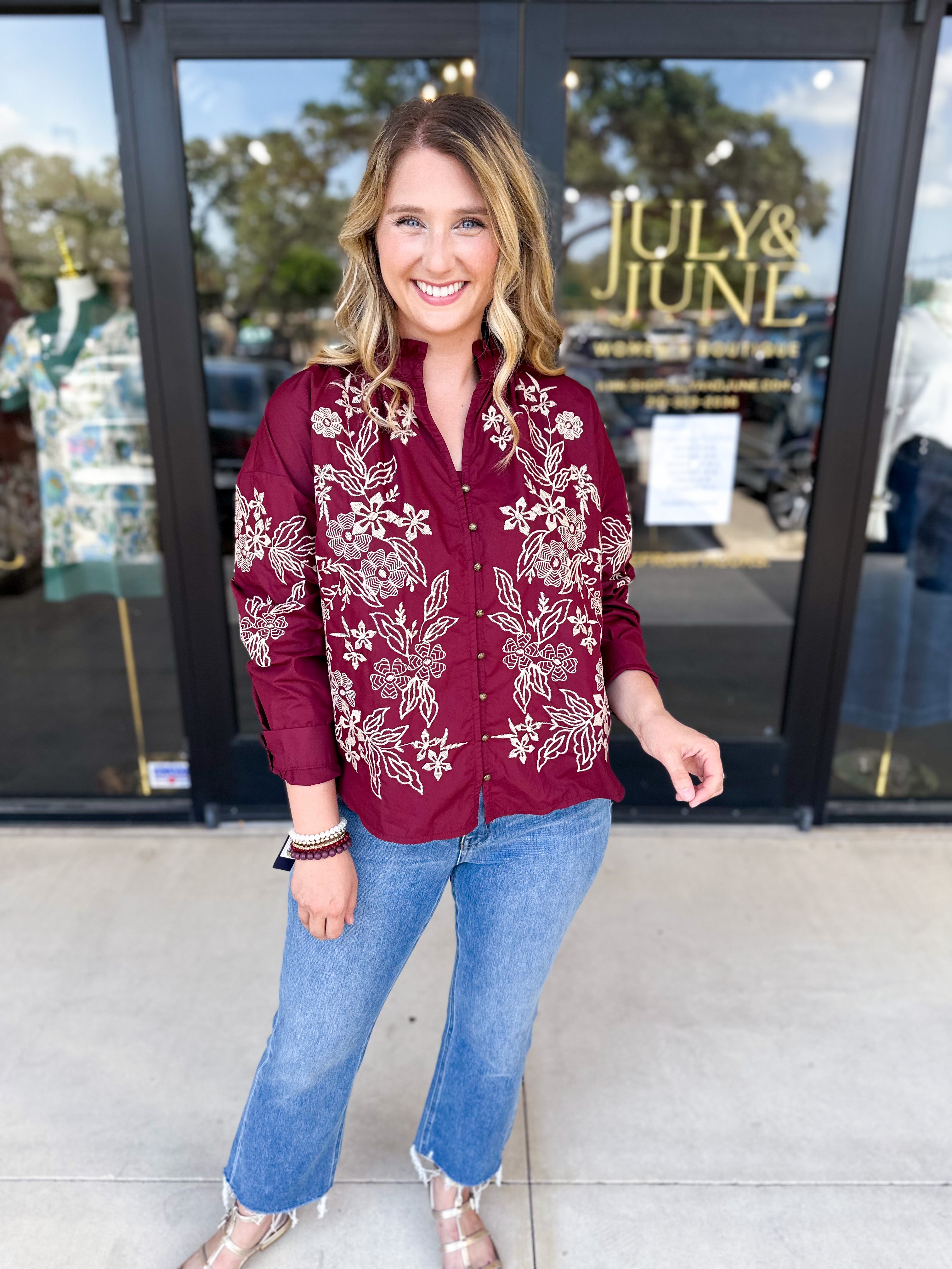 Elara Embroidered Blouse - Burgundy-200 Fashion Blouses-ENTRO-July & June Women's Fashion Boutique Located in San Antonio, Texas