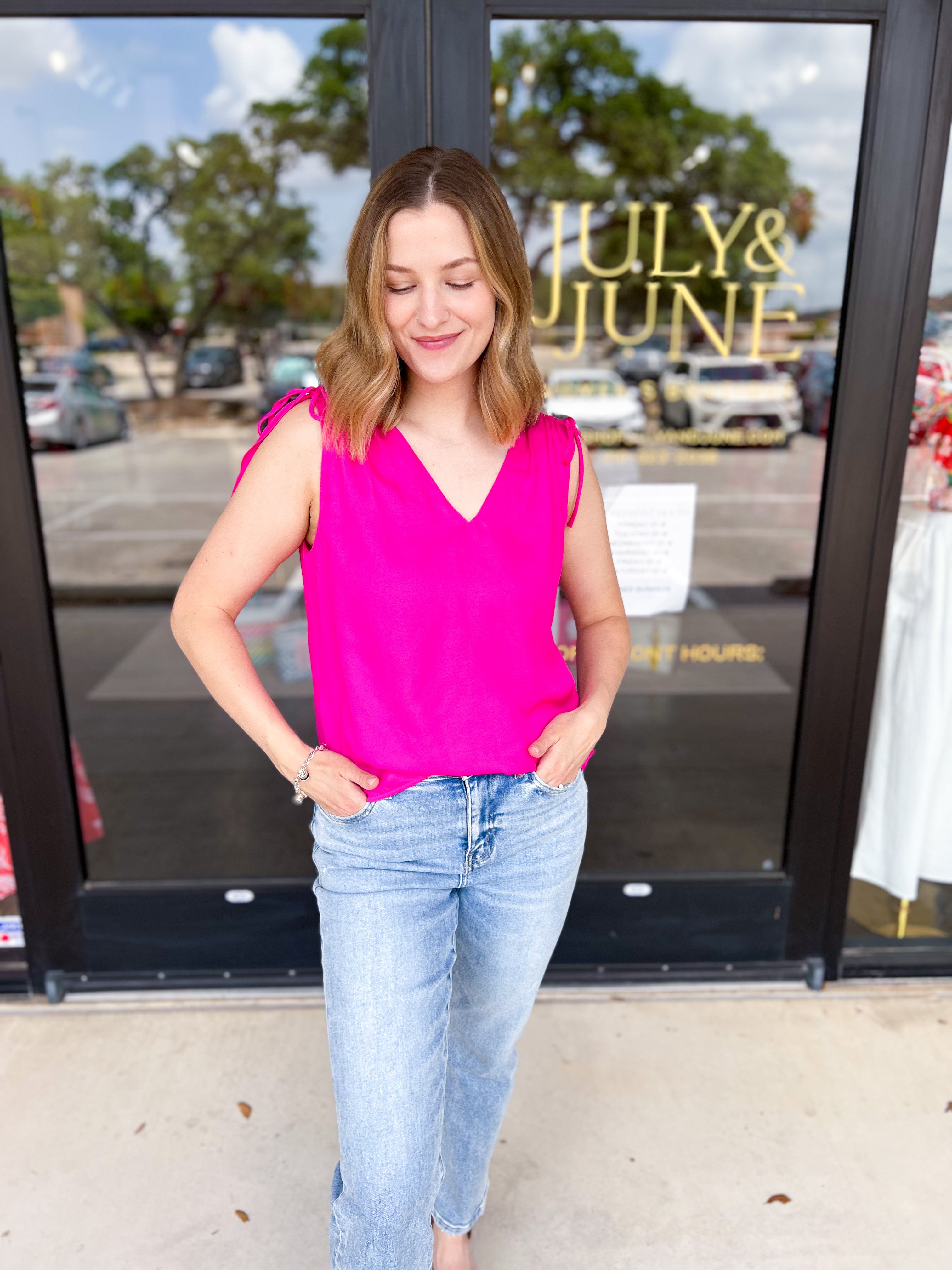 Elevated Shoulder Tie Tank- Hot Pink-200 Fashion Blouses-SKIES ARE BLUE-July & June Women's Fashion Boutique Located in San Antonio, Texas