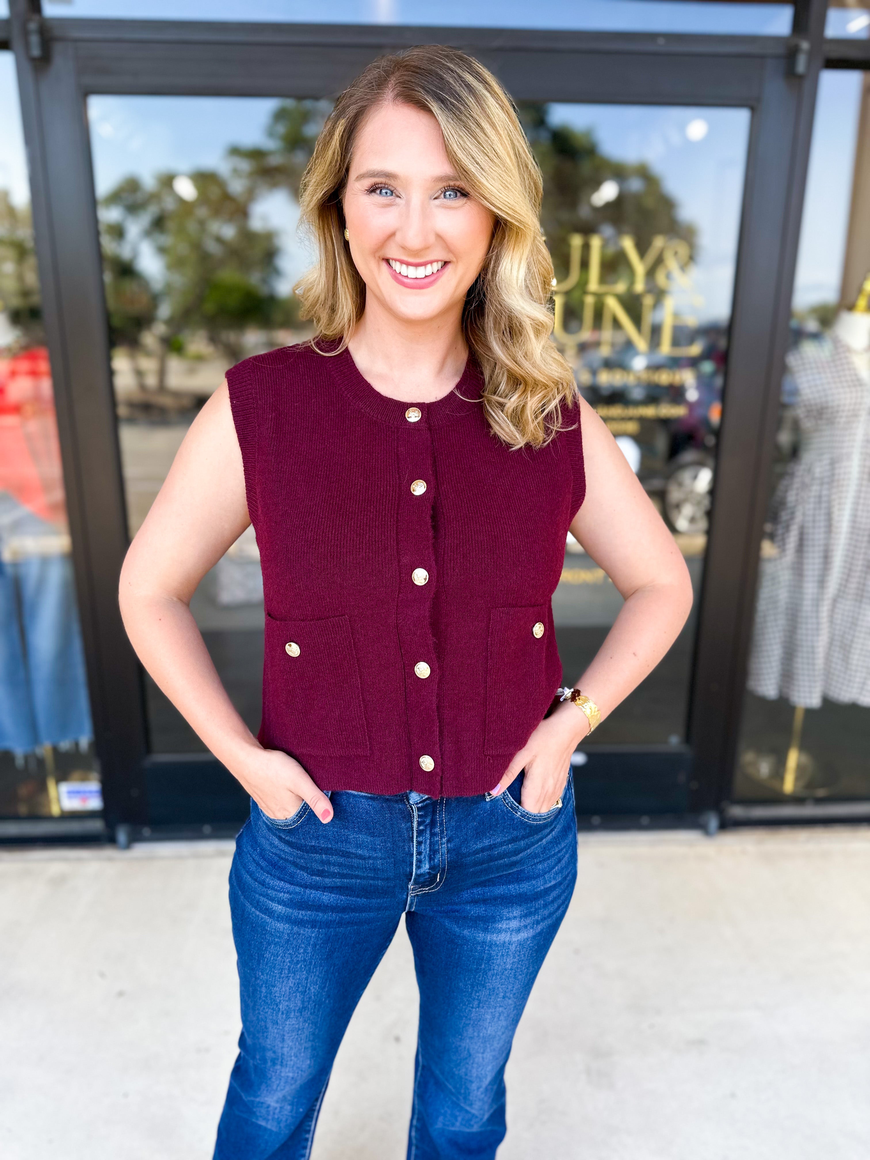 Classic Chic Knit Vest - Wine-230 Sweaters/Cardis-ENTRO-July & June Women's Fashion Boutique Located in San Antonio, Texas