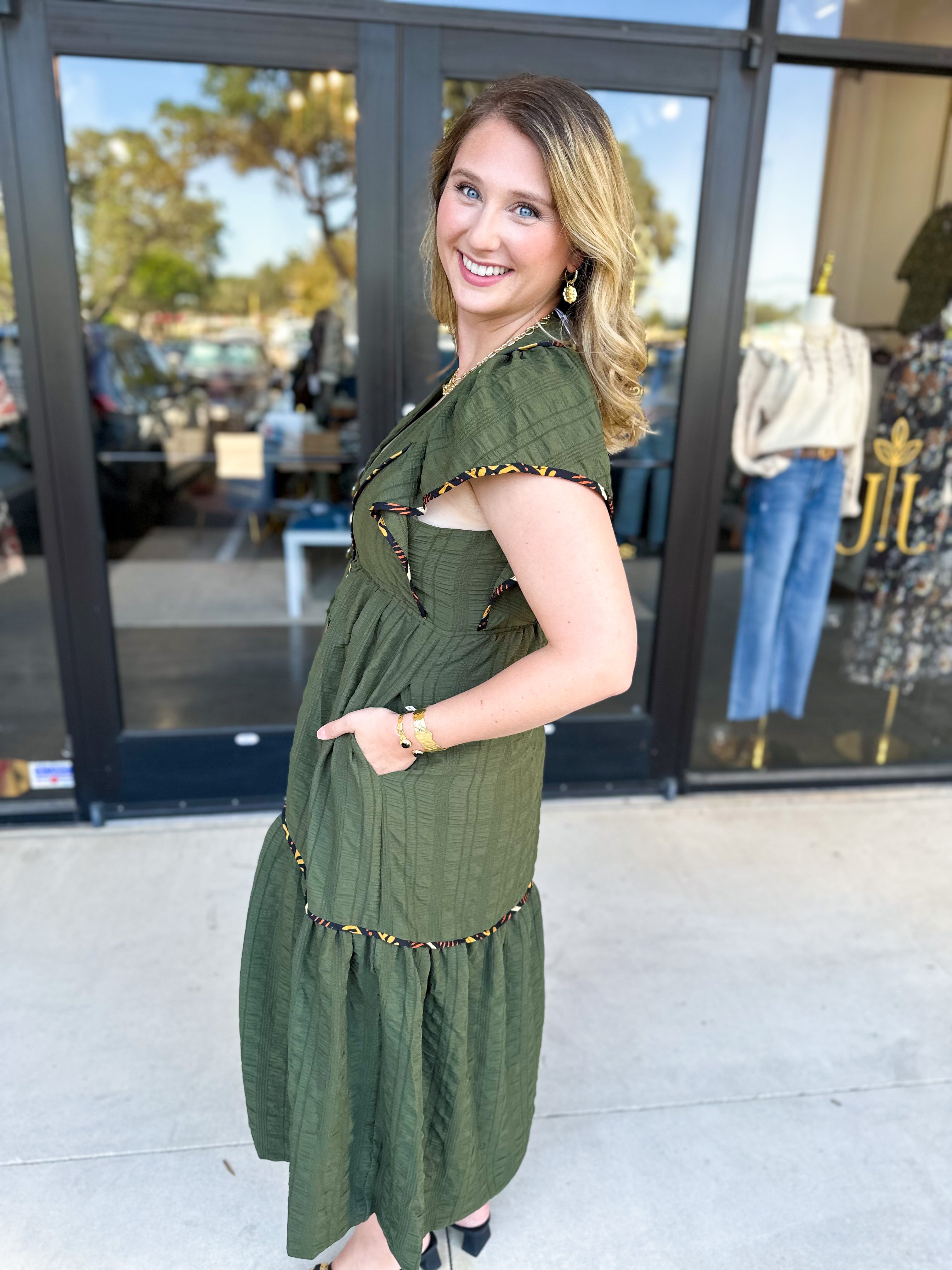 THML - Dark Olive Midi Dress-500 Midi-THML-July & June Women's Fashion Boutique Located in San Antonio, Texas