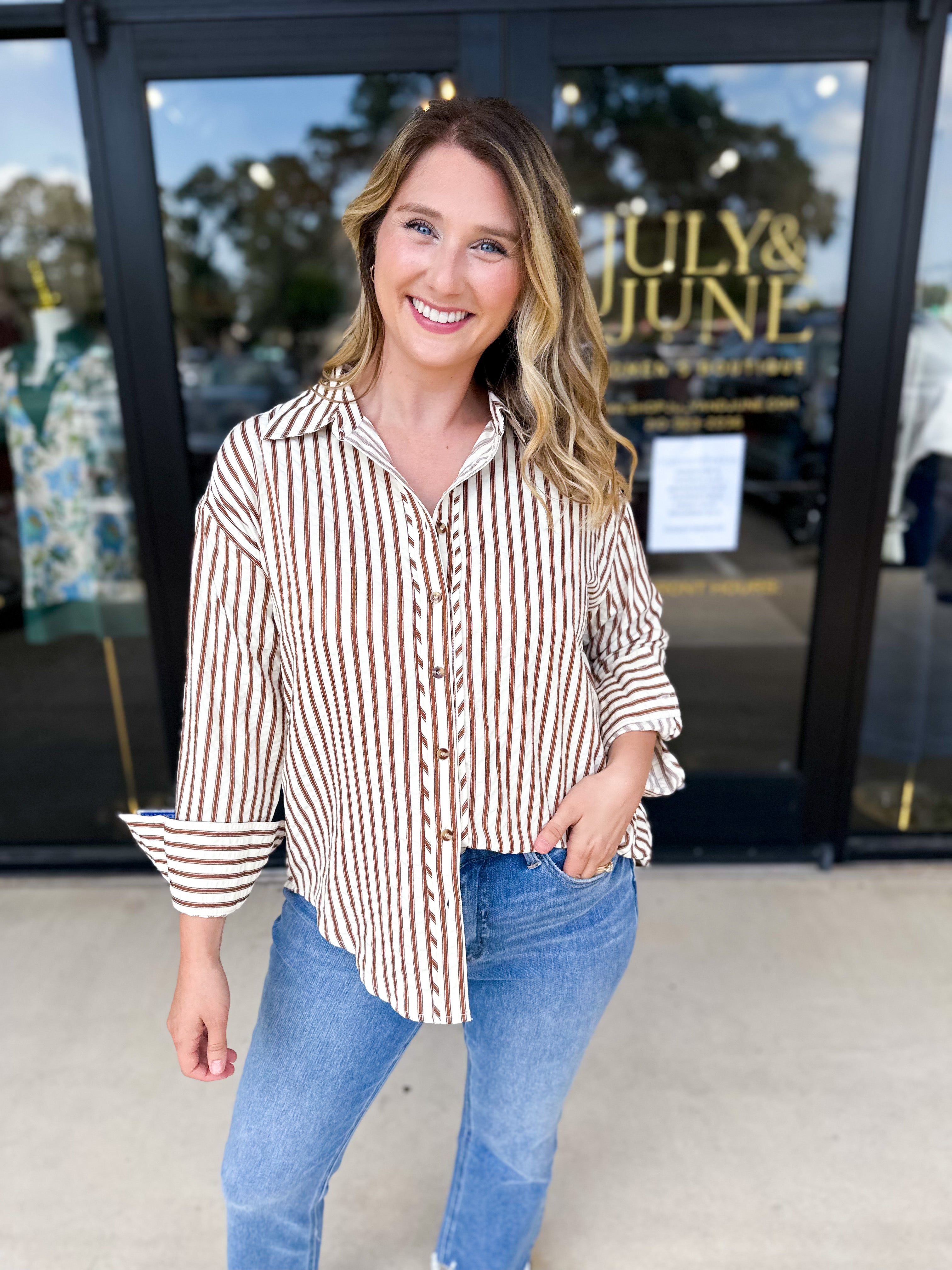 Casual Cute Button Down Blouse - Brown-200 Fashion Blouses-ENTRO-July & June Women's Fashion Boutique Located in San Antonio, Texas