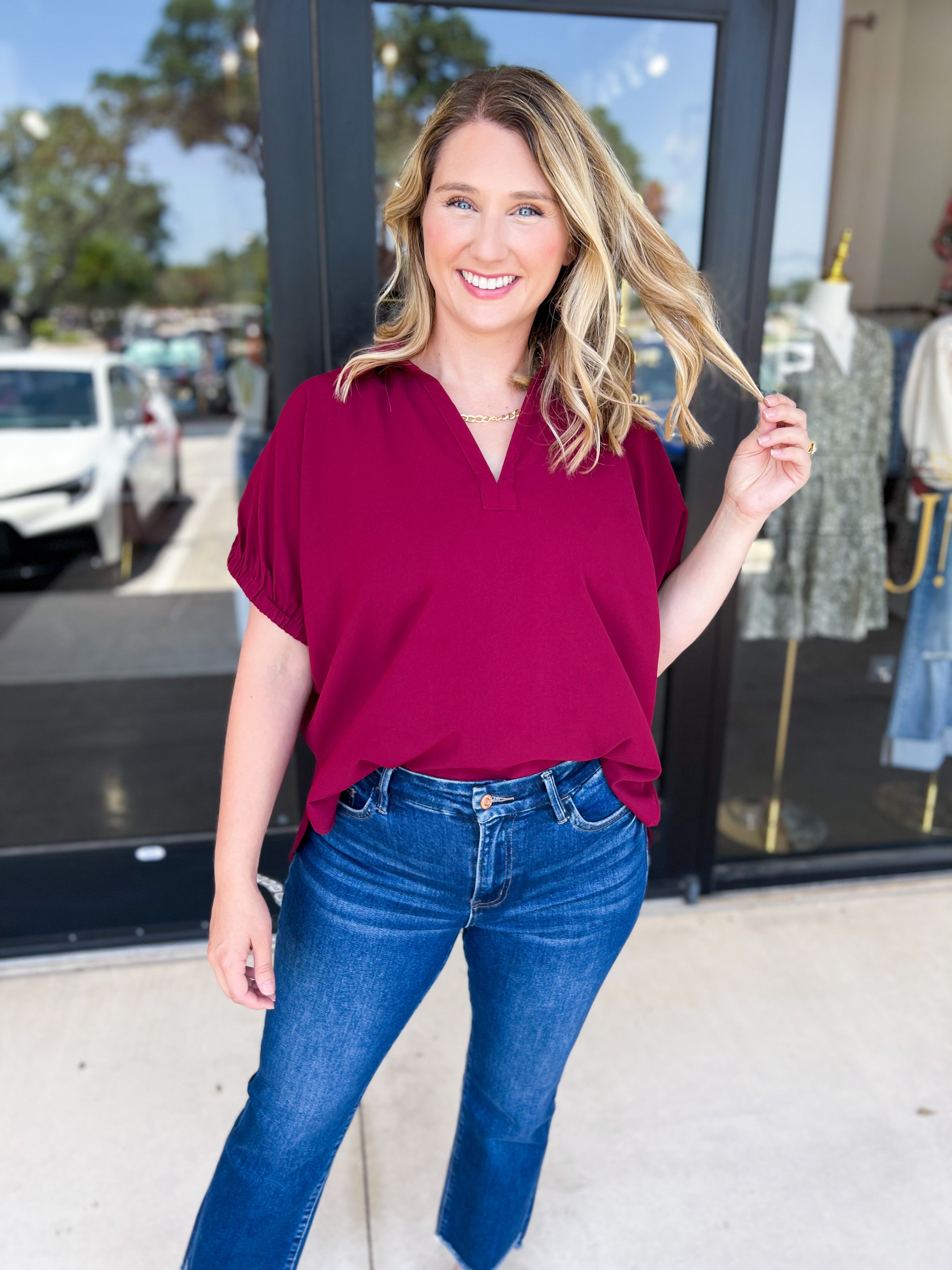 Closet Staple Collared Blouse - Maroon-200 Fashion Blouses-ENTRO-July & June Women's Fashion Boutique Located in San Antonio, Texas