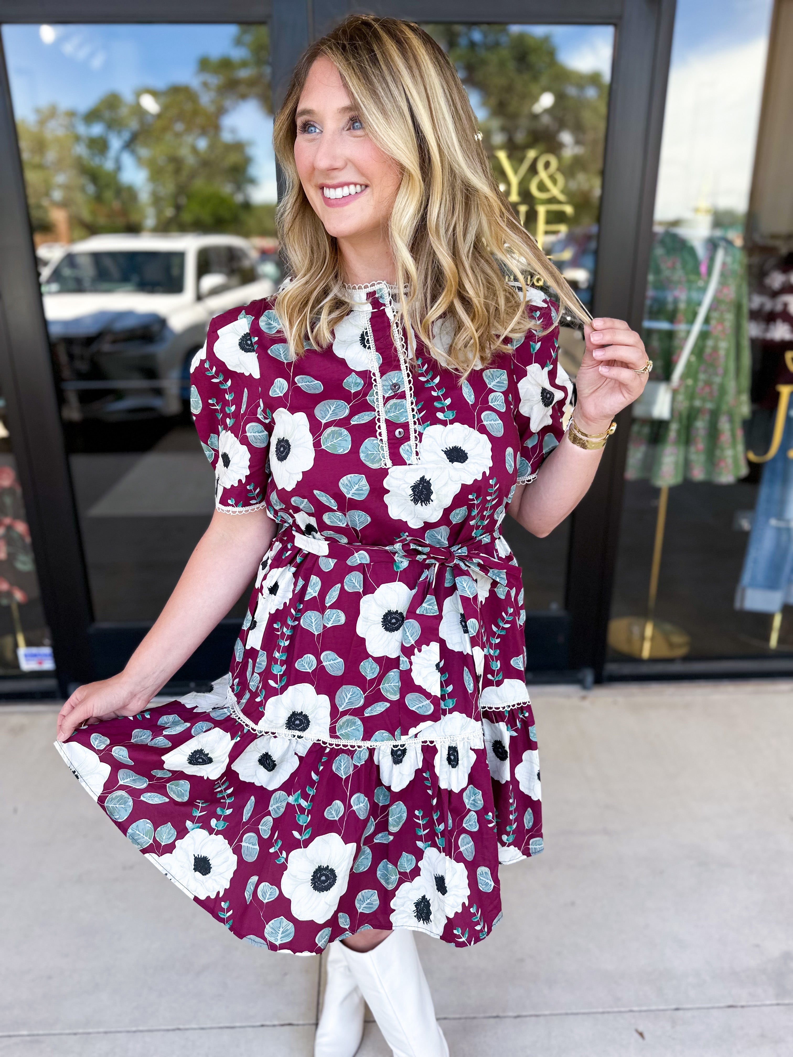 Plum Floral Mini Dress-510 Mini-ENTRO-July & June Women's Fashion Boutique Located in San Antonio, Texas
